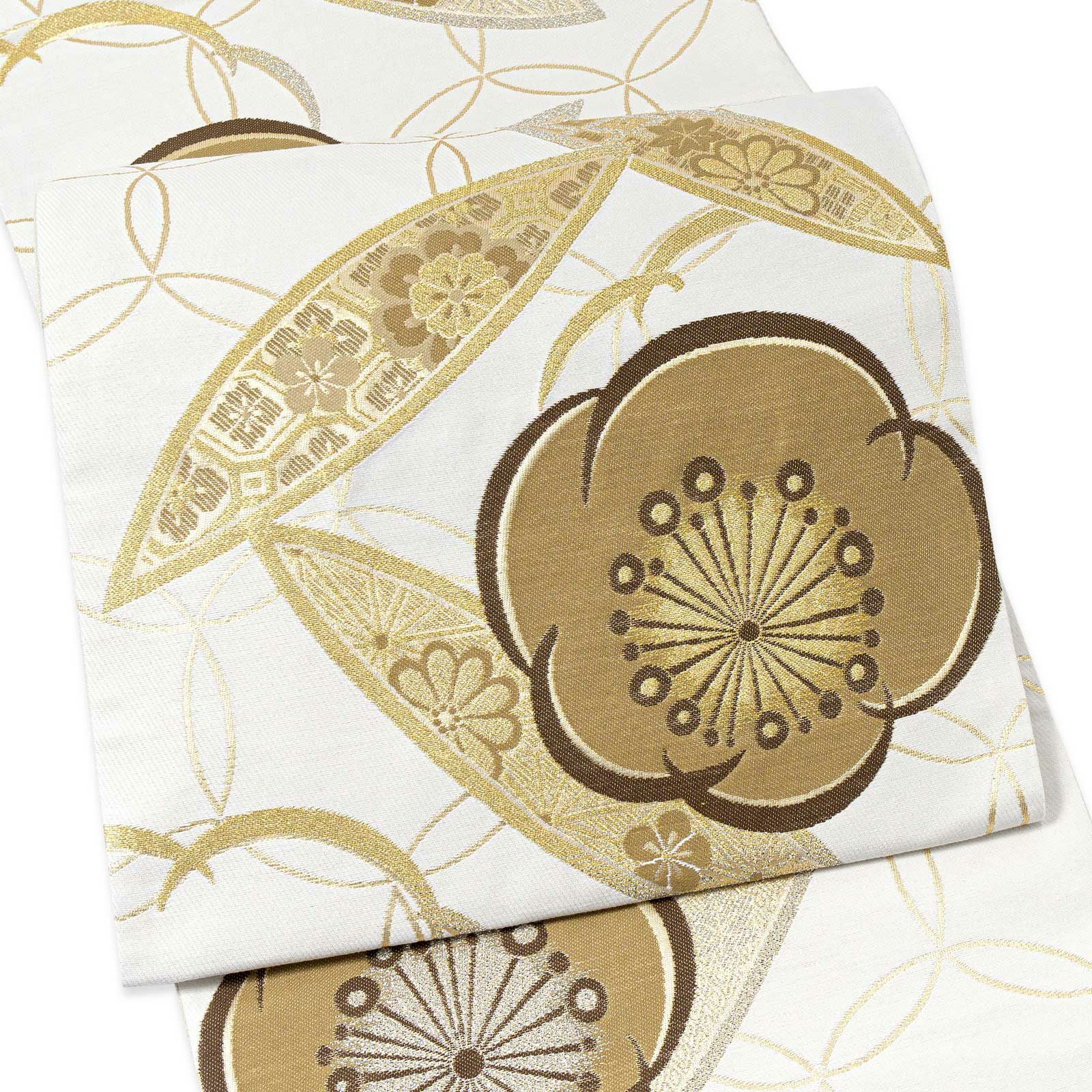 振袖 袋帯 単品「白地、金 輪違いに梅」六通柄 日本製 お仕立て上がり 振袖用 袋帯 お仕立て済 振袖帯 結婚式 成人式 フォーマル【メール便不可】