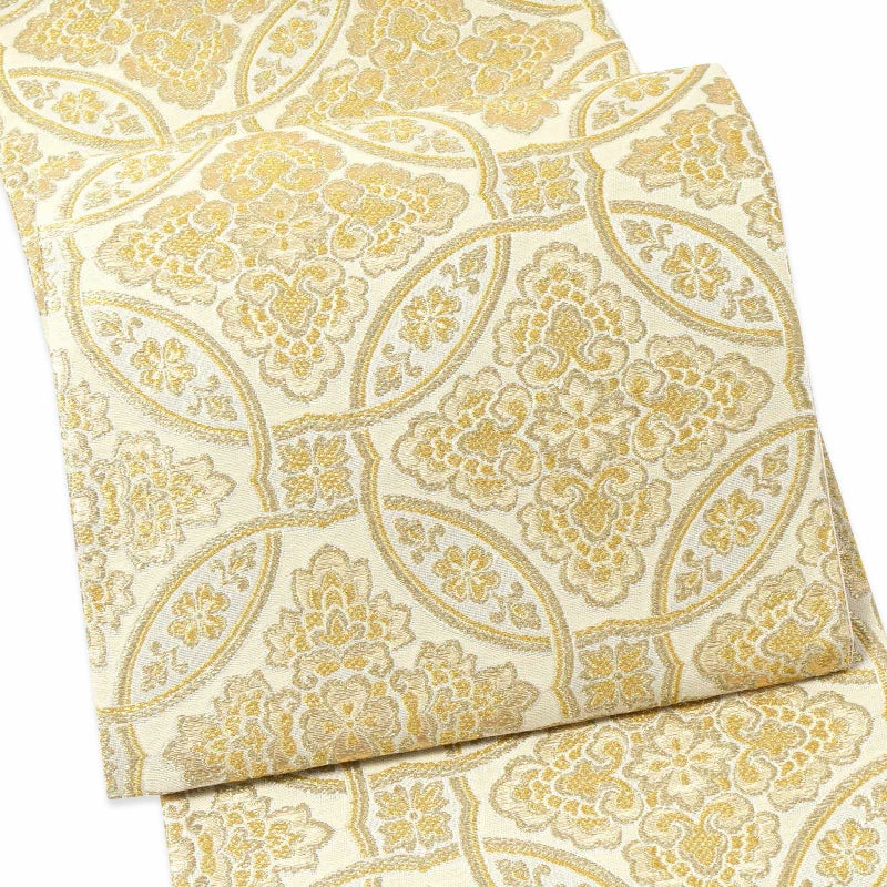 振袖 袋帯 単品「生成り色×金 輪違に唐花」六通柄 日本製 お仕立て上がり 振袖用 袋帯 お仕立て済 振袖帯 結婚式 成人式 フォーマル【メール便不可】