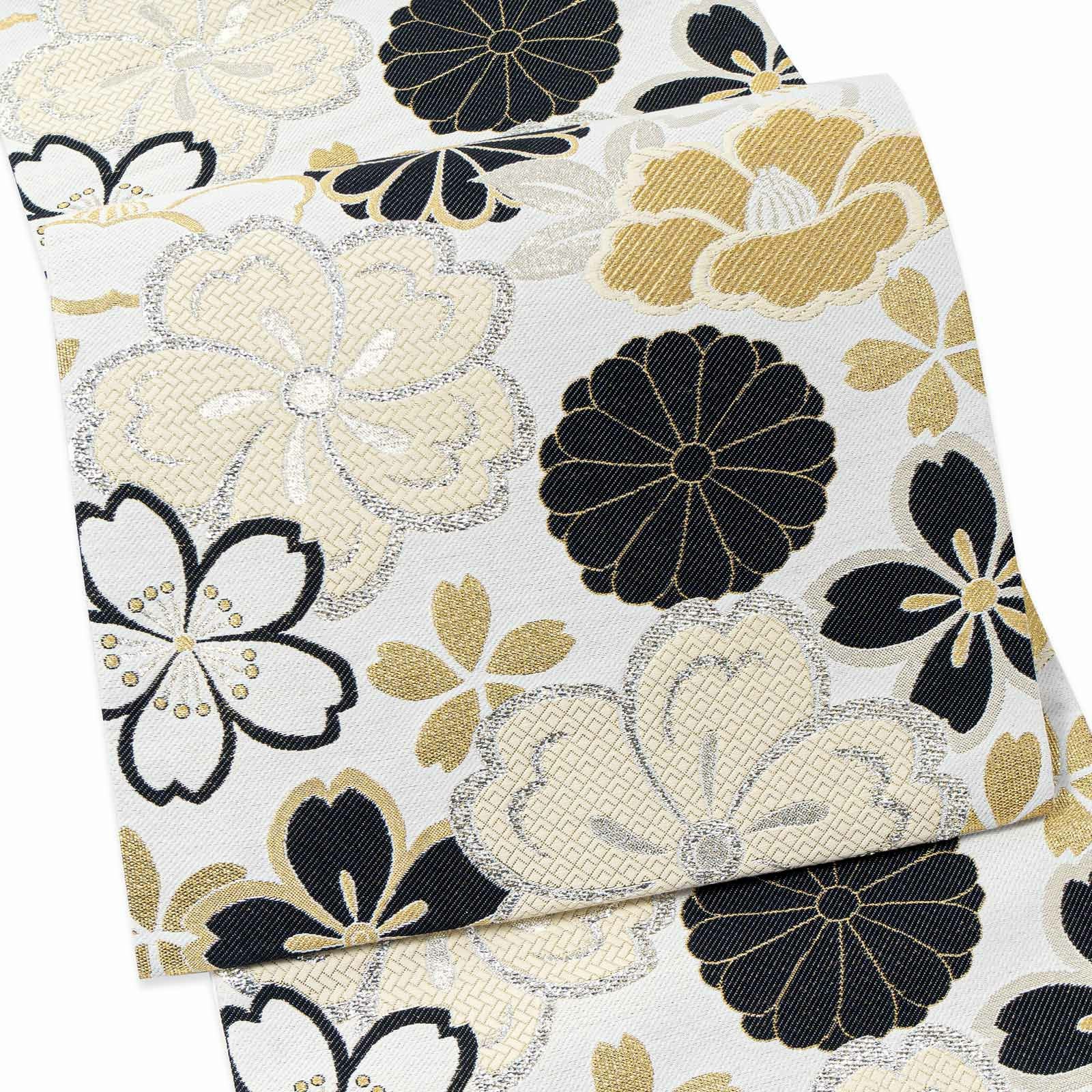 振袖 袋帯 単品「白地、黒×生成り色 四季花紋」六通柄 日本製 お仕立て上がり 振袖用 袋帯 お仕立て済 振袖帯 結婚式 成人式 フォーマル【メール便不可】