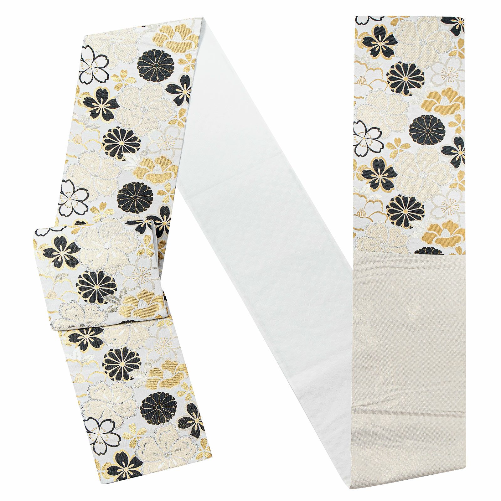 振袖 袋帯 単品「白地、黒×生成り色 四季花紋」六通柄 日本製 お仕立て