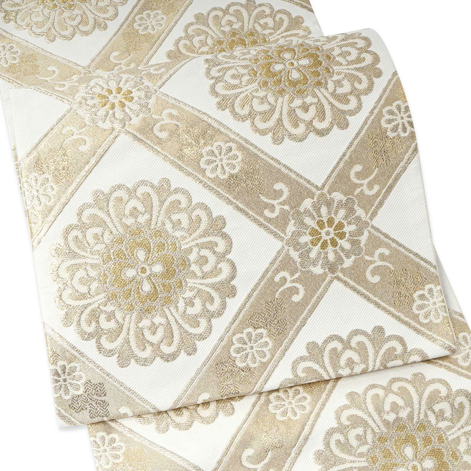 振袖 袋帯 単品「白×ゴールド 唐花格子」六通柄 日本製 お仕立て上がり