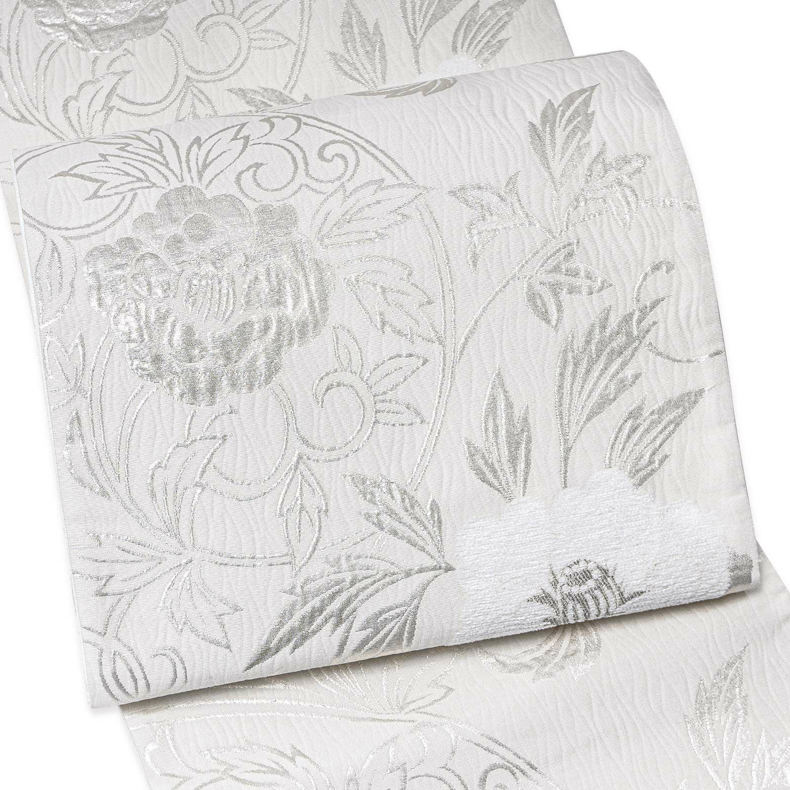 振袖 袋帯 単品「白地、白×銀 牡丹唐草」六通柄 日本製 お仕立て上がり 振袖用 袋帯 お仕立て済 振袖帯 結婚式 成人式 フォーマル【メール便不可】