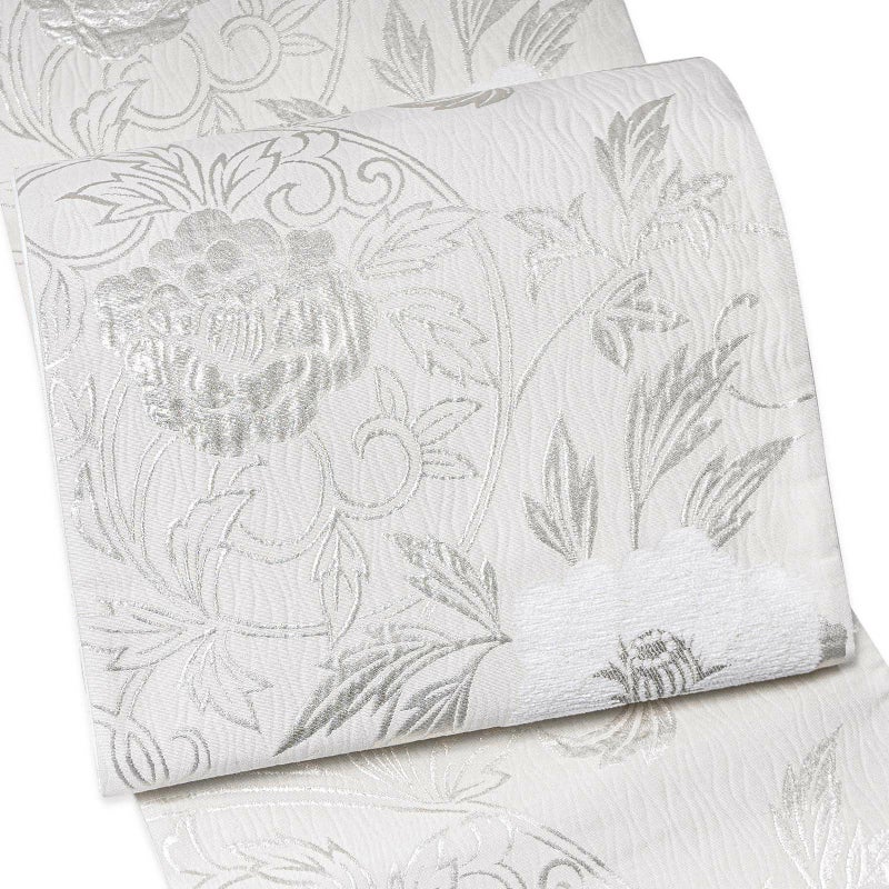 振袖 袋帯 単品「白地、白×銀 牡丹唐草」六通柄 日本製 お仕立て上がり 振袖用 袋帯 お仕立て済 振袖帯 結婚式 成人式 フォーマル【メール便不可】