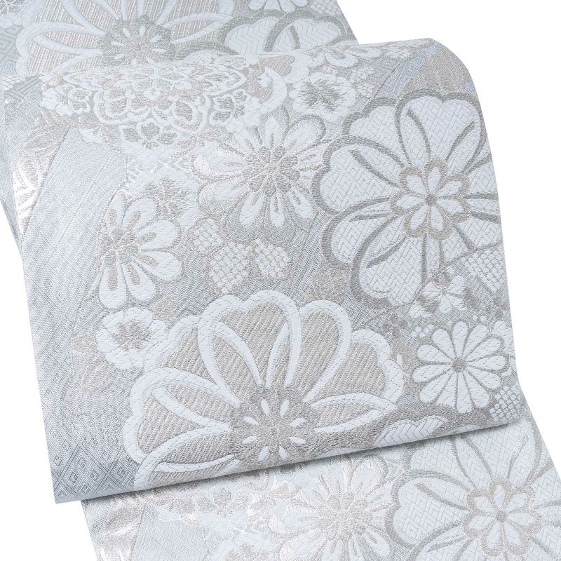 振袖 袋帯 単品「白銀 菱に唐花紋」六通柄 日本製 お仕立て上がり 振袖用 袋帯 お仕立て済 振袖帯 結婚式 成人式 フォーマル【メール便不可】