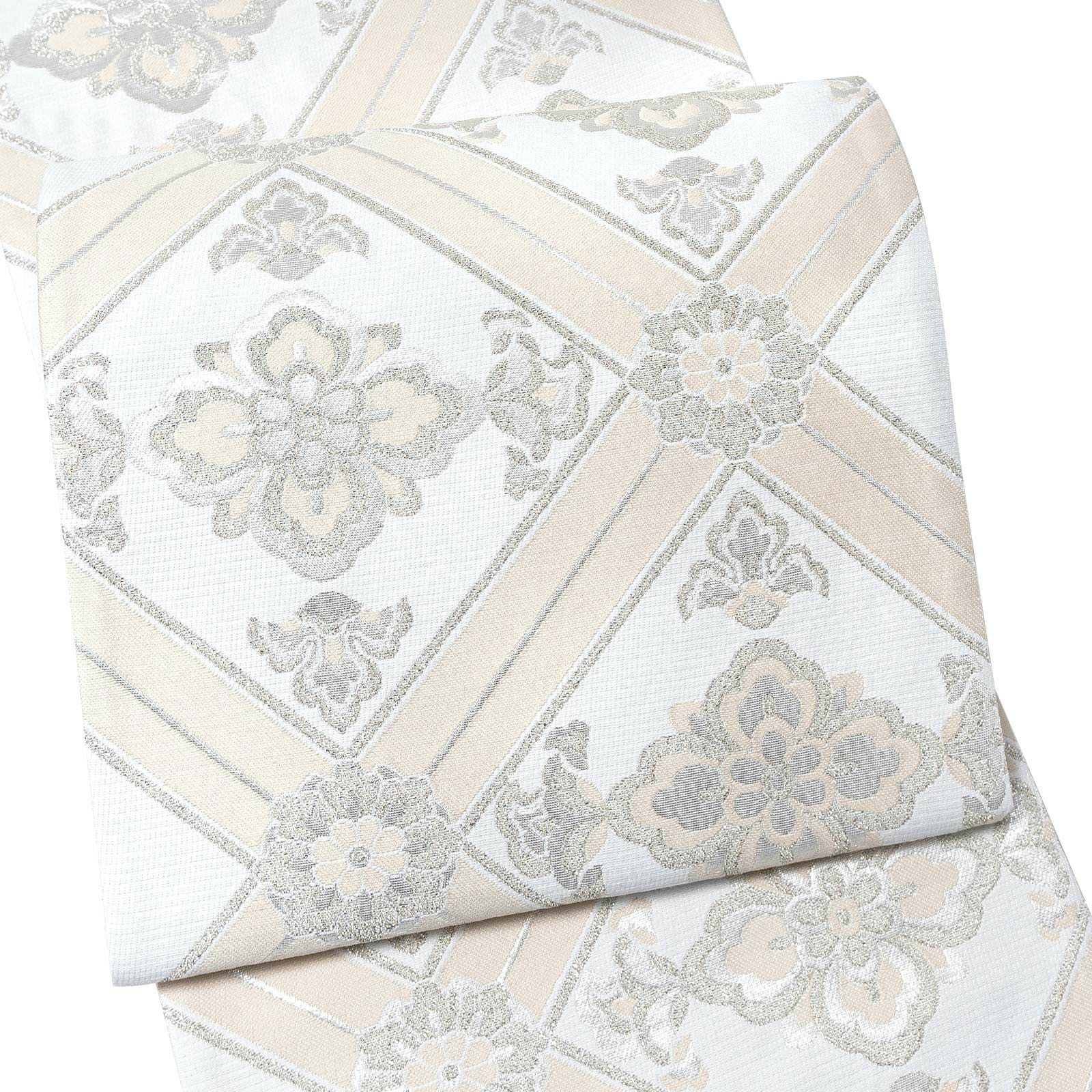 振袖 袋帯 単品「白×生成り色 花菱格子」六通柄 日本製 お仕立て上がり