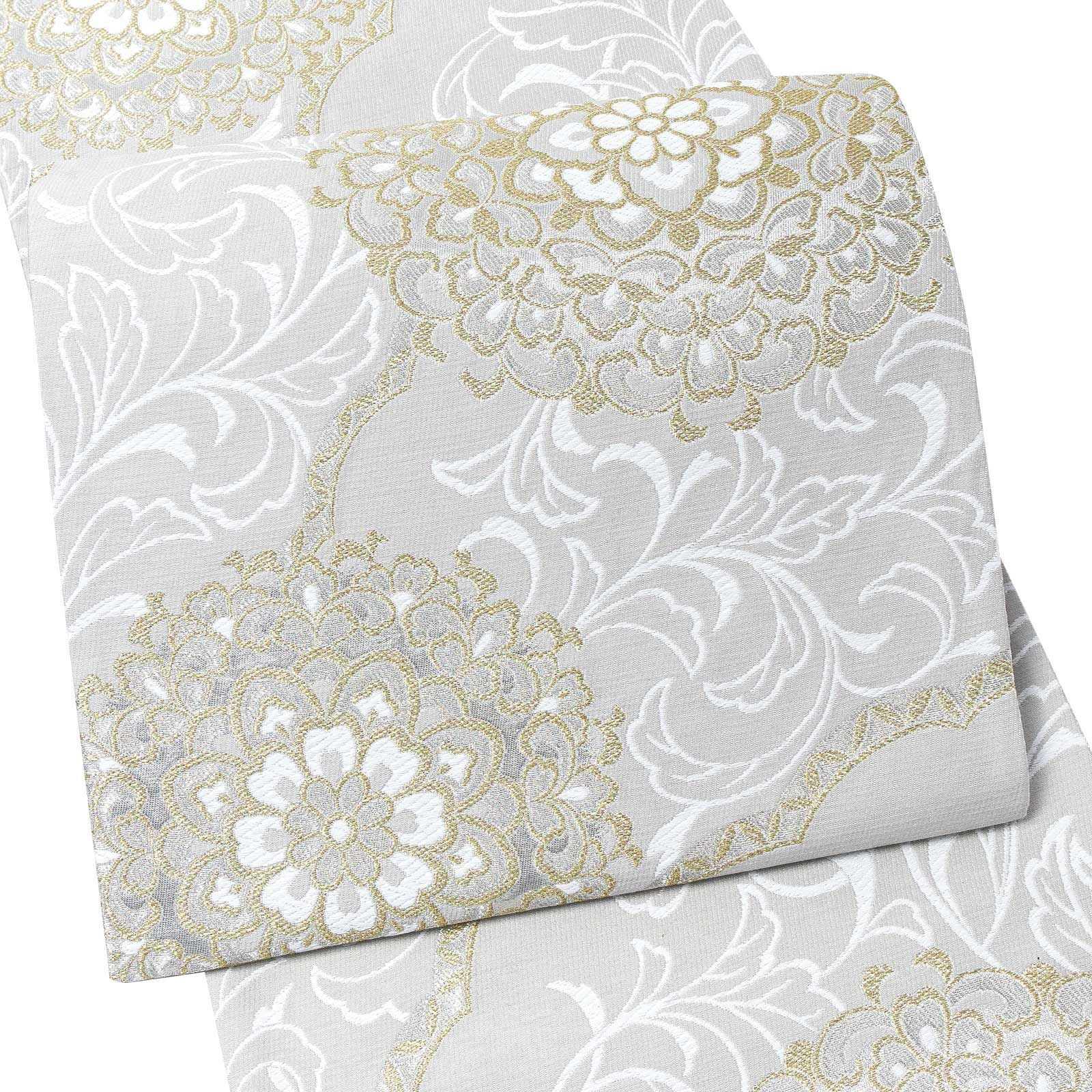 振袖 袋帯 単品「白鼠色 白×金 花唐草」六通柄 日本製 お仕立て上がり 振袖用 袋帯 お仕立て済 振袖帯 結婚式 成人式 フォーマル【メール便不可】