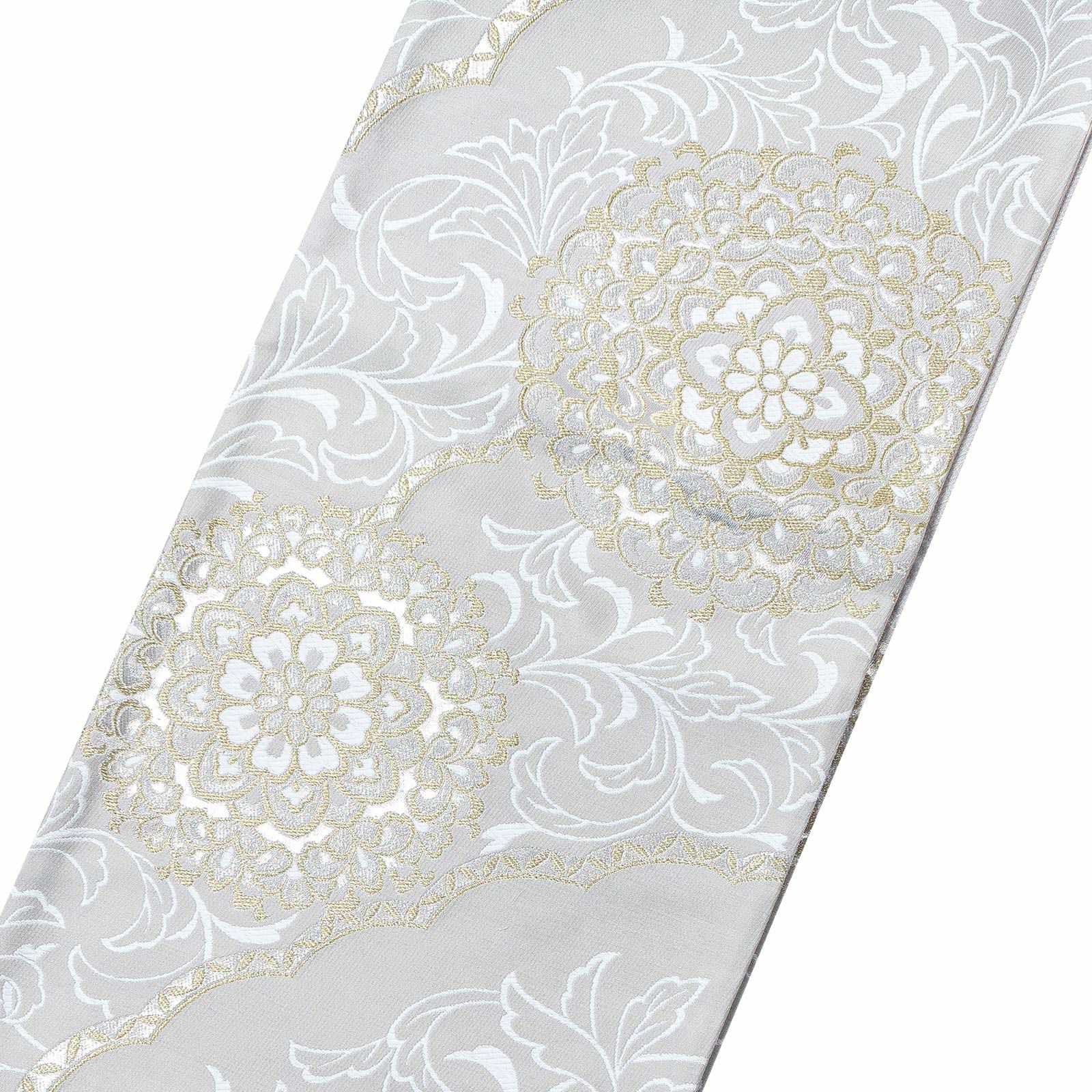 振袖 袋帯 単品「白鼠色 白×金 花唐草」六通柄 日本製 お仕立て上がり