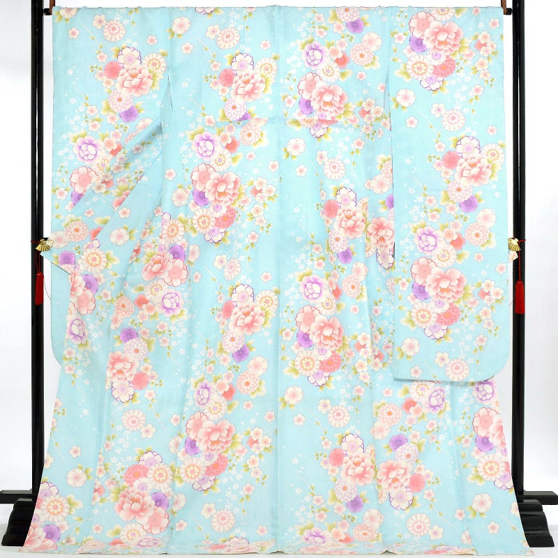 【中古品】仕立て上がり 振袖「牡丹 桜 菊 水色」貸衣装処分 レンタル処分品 成人式【メール便不可】ss2503fml10