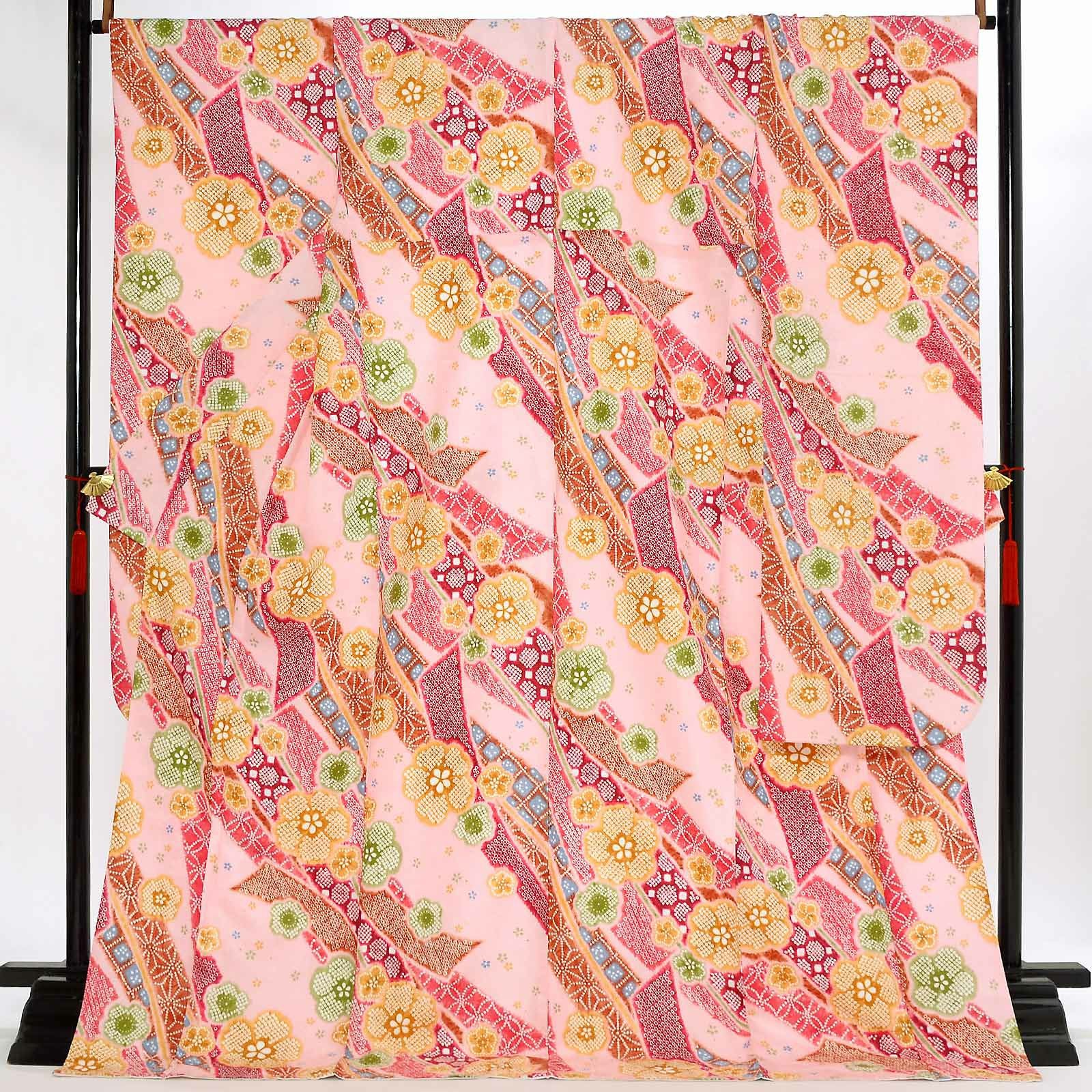 【中古品】仕立て上がり 振袖「あばれ熨斗 梅 薄紅梅色」貸衣装処分 レンタル処分品 成人式【メール便不可】ss2503fml10