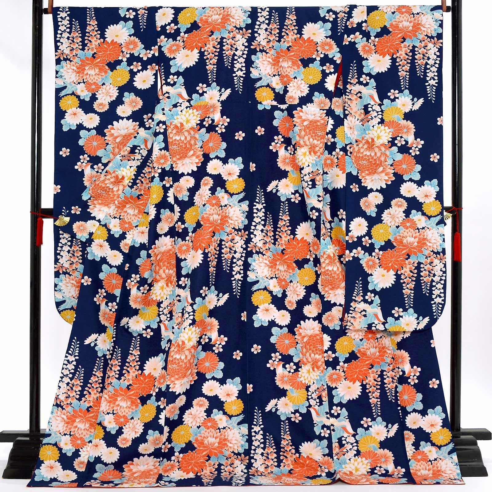 【中古品】仕立て上がり 振袖「菊に藤 鳥 紺色」貸衣装処分 レンタル処分品 成人式【メール便不可】ss2503fml10