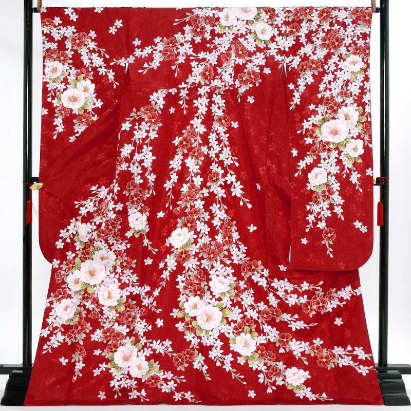 【中古品】仕立て上がり 振袖「桃の花 臙脂色」貸衣装処分 レンタル処分品 成人式【メール便不可】ss2503fml10