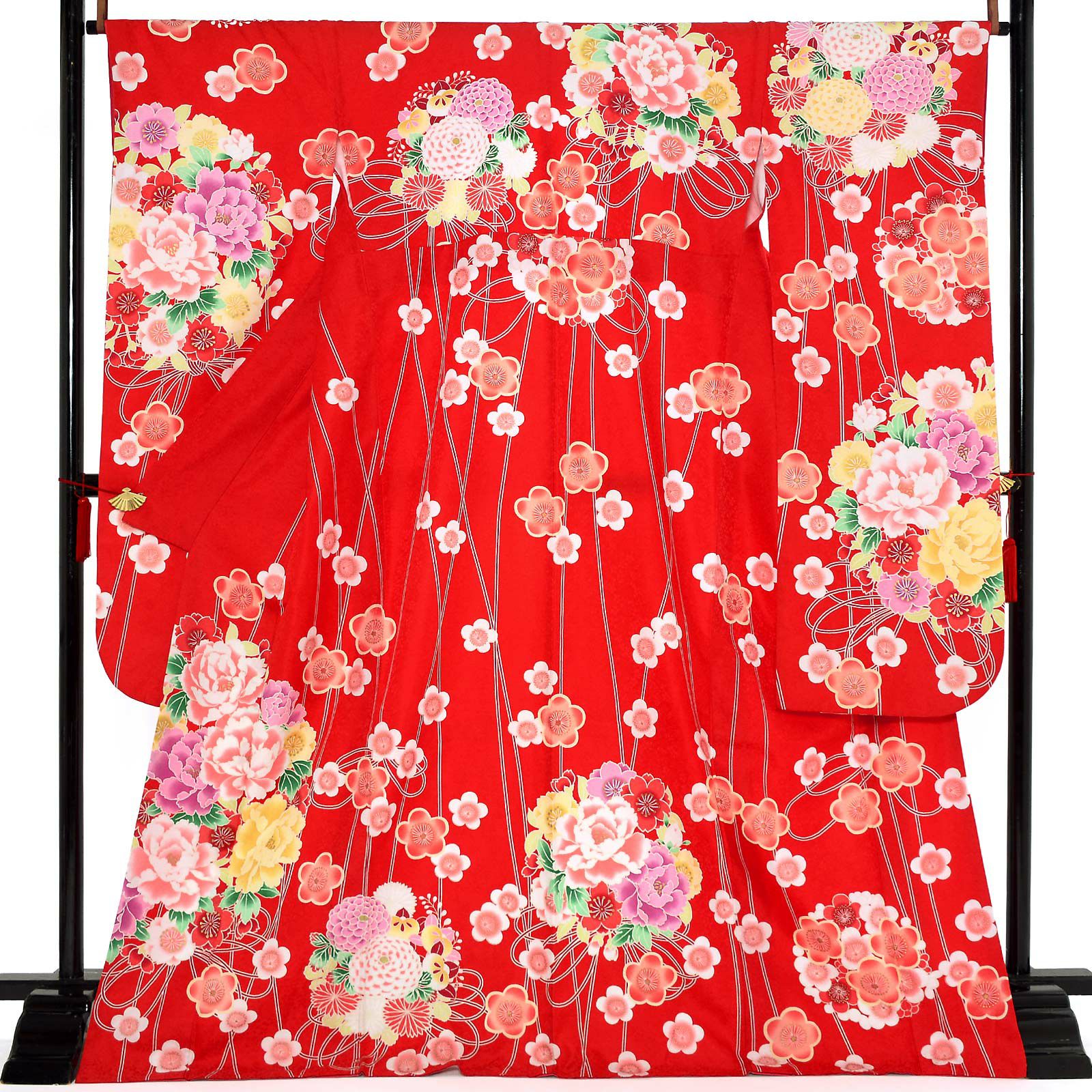 【中古品】仕立て上がり 振袖「花薬玉 季節の花 緋色」貸衣装処分 レンタル処分品 成人式【メール便不可】ss2503fml10