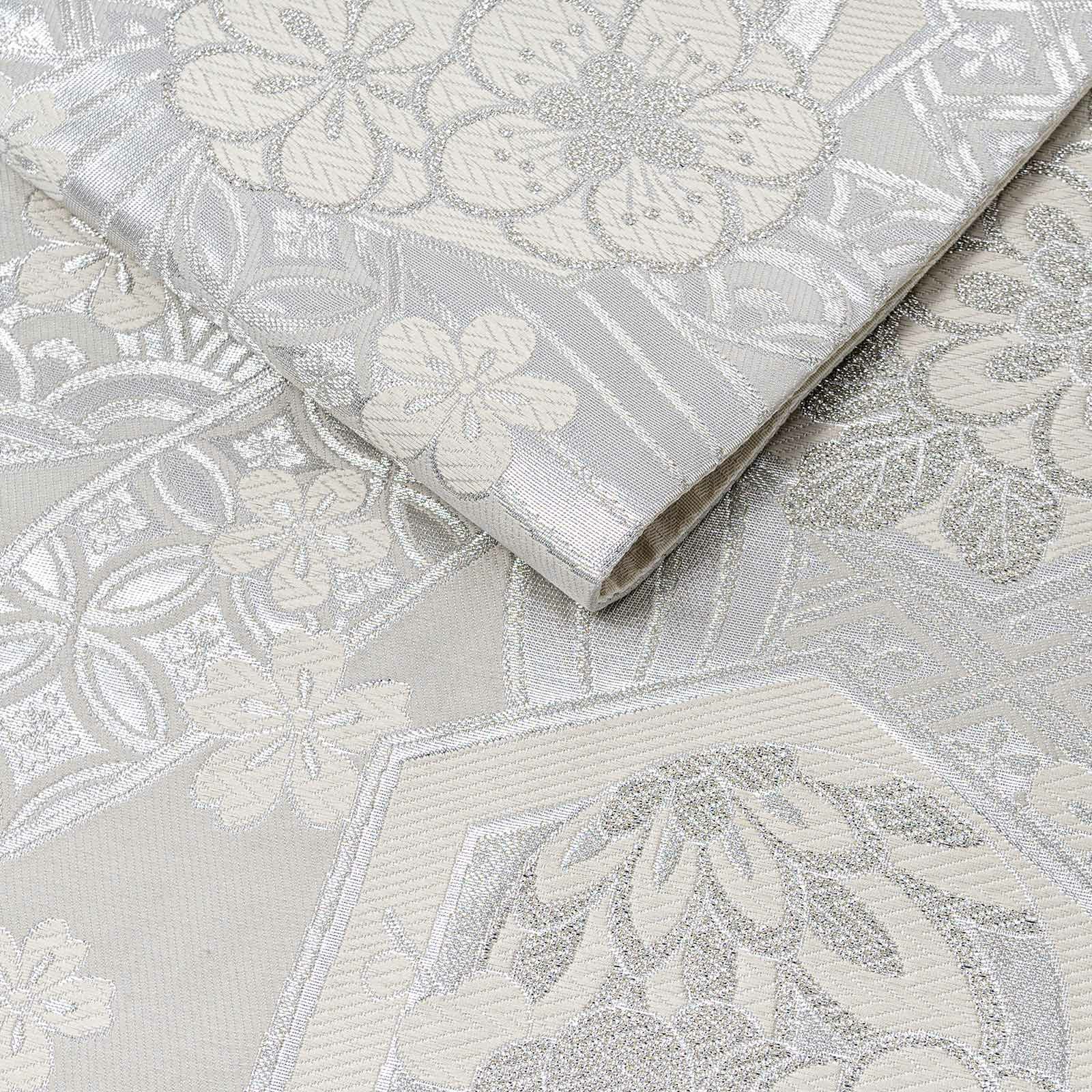 振袖 袋帯 単品「灰白色×銀 笹に亀甲、花」日本製 お仕立て上がり 振袖