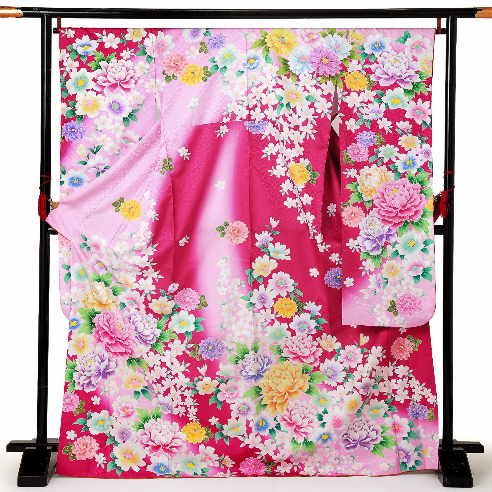 中古品】仕立て上がり 振袖「絵羽柄 花尽くし つつじ色」貸衣装処分