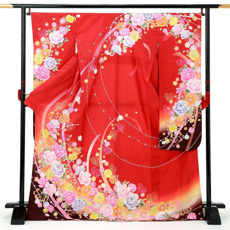 【中古品】仕立て上がり 振袖「リボンにバラと牡丹 朱赤」貸衣装処分 レンタル処分品 成人式【メール便不可】ss2503fml10