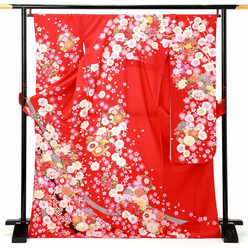 【中古品】仕立て上がり 振袖「花尽くしに熨斗 赤紅色」貸衣装処分 レンタル処分品 成人式【メール便不可】ss2503fml10