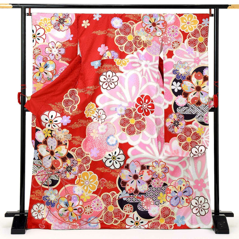 【中古品】仕立て上がり 振袖「小桜地模様 桜吹雪 黒 赤」貸衣装処分 レンタル処分品 成人式【メール便不可】ss2503fml10