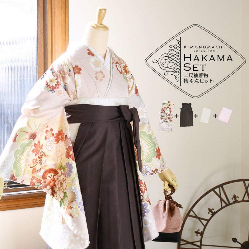 袴 セット 卒業式 女性 4点セット「絵羽二尺袖：鴇鼠色 雲取りに松竹梅と花、貝桶+刺繍袴：アンティークブラウン+袴下帯：白+襦袢」卒業式 女性 レディース お仕立て上がり 袴セット 二尺袖着物セット 着物 二尺着物 袴【メール便不可】