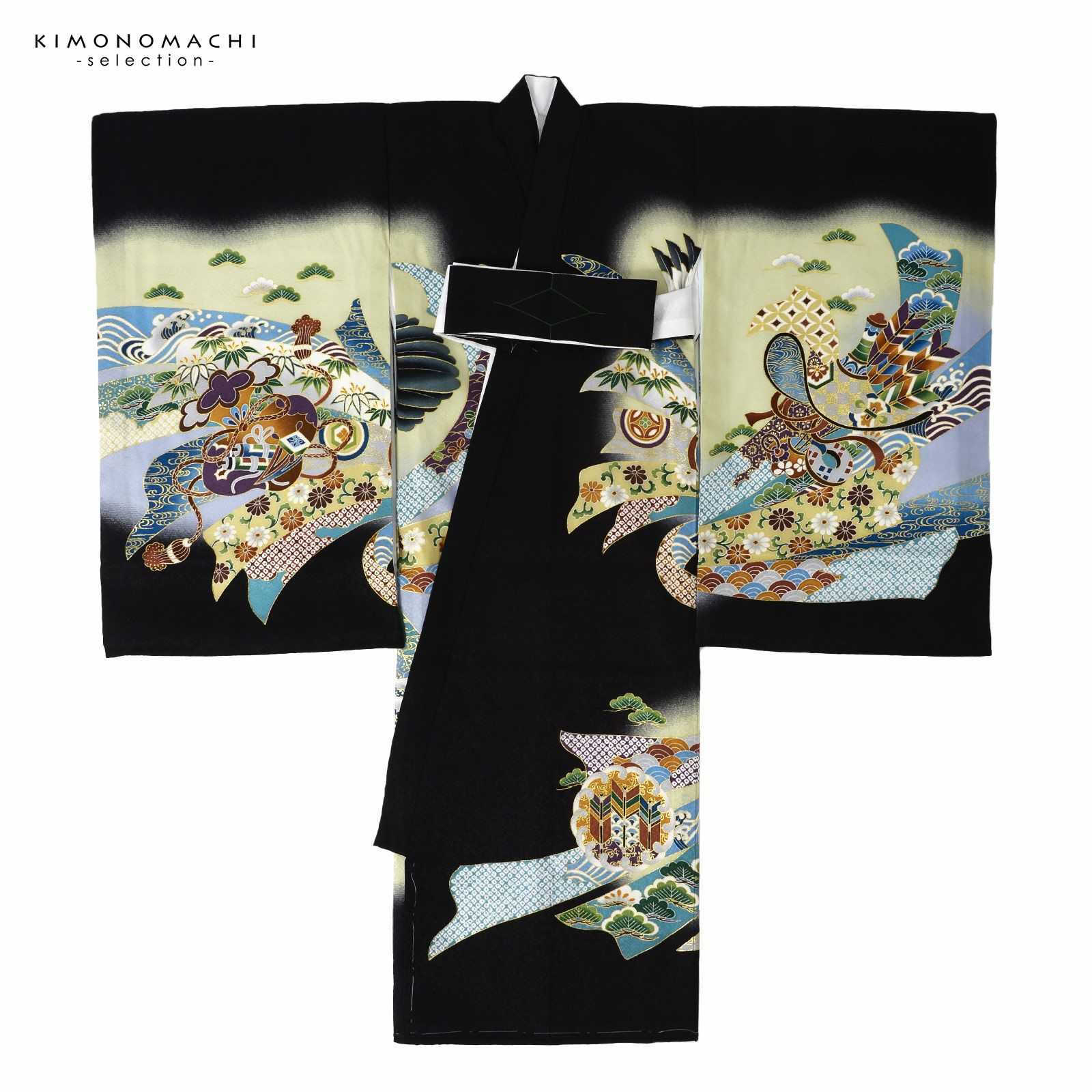 男の子のお宮参り産着 祝い着「黒地 鷹に太鼓、宝船」正絹 日本製