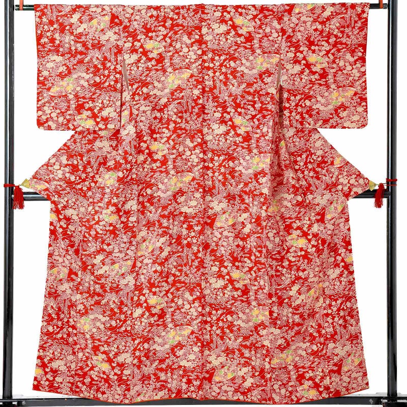 【中古品】仕立て上がり 袷着物「雉と扇、草花文様 赤」小紋【メール便不可】ss2503fml10