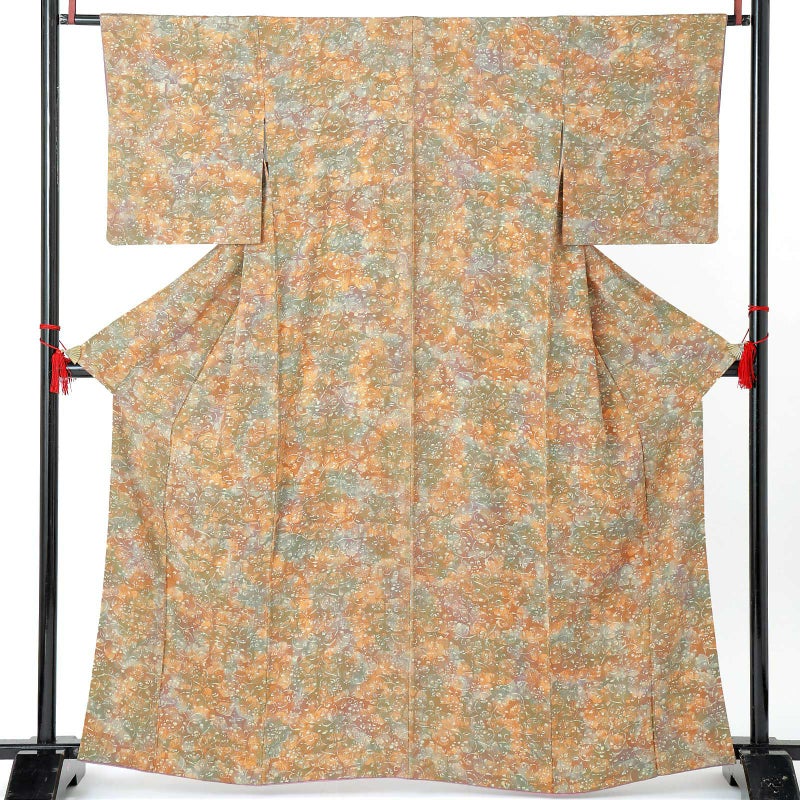 【中古品】仕立て上がり 袷着物「抽象柄 唐草 茶 松葉 濃朽葉色」小紋【メール便不可】ss2503fml10