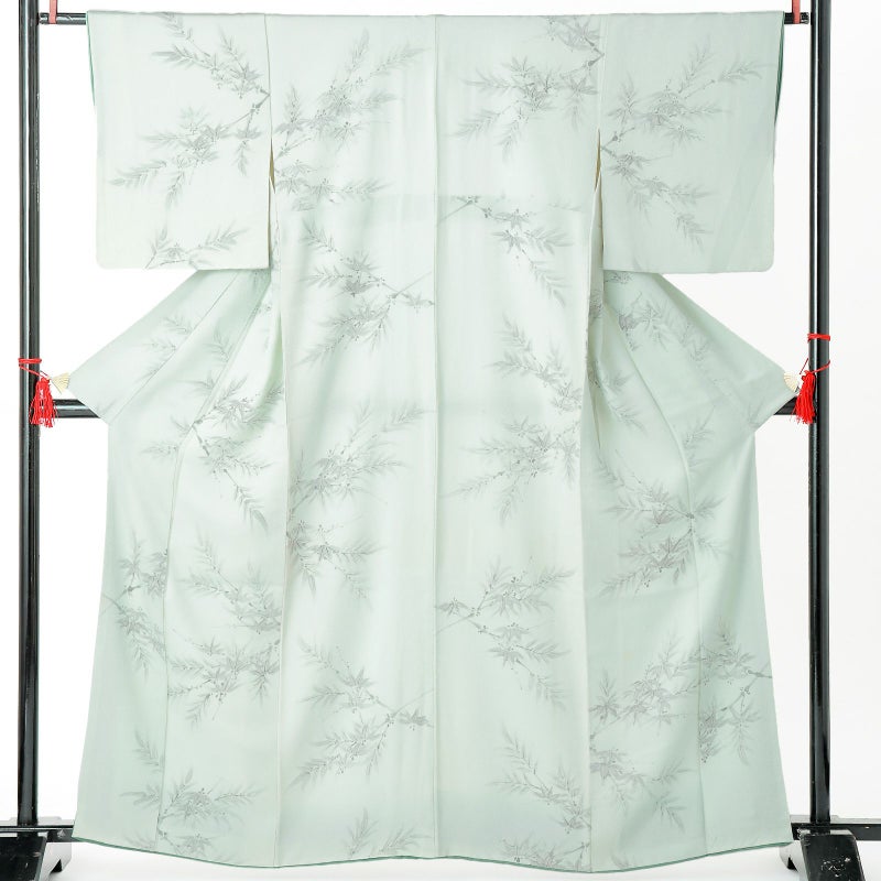 【中古品】仕立て上がり 袷着物「笹竹 白緑」小紋【メール便不可】ss2503fml10