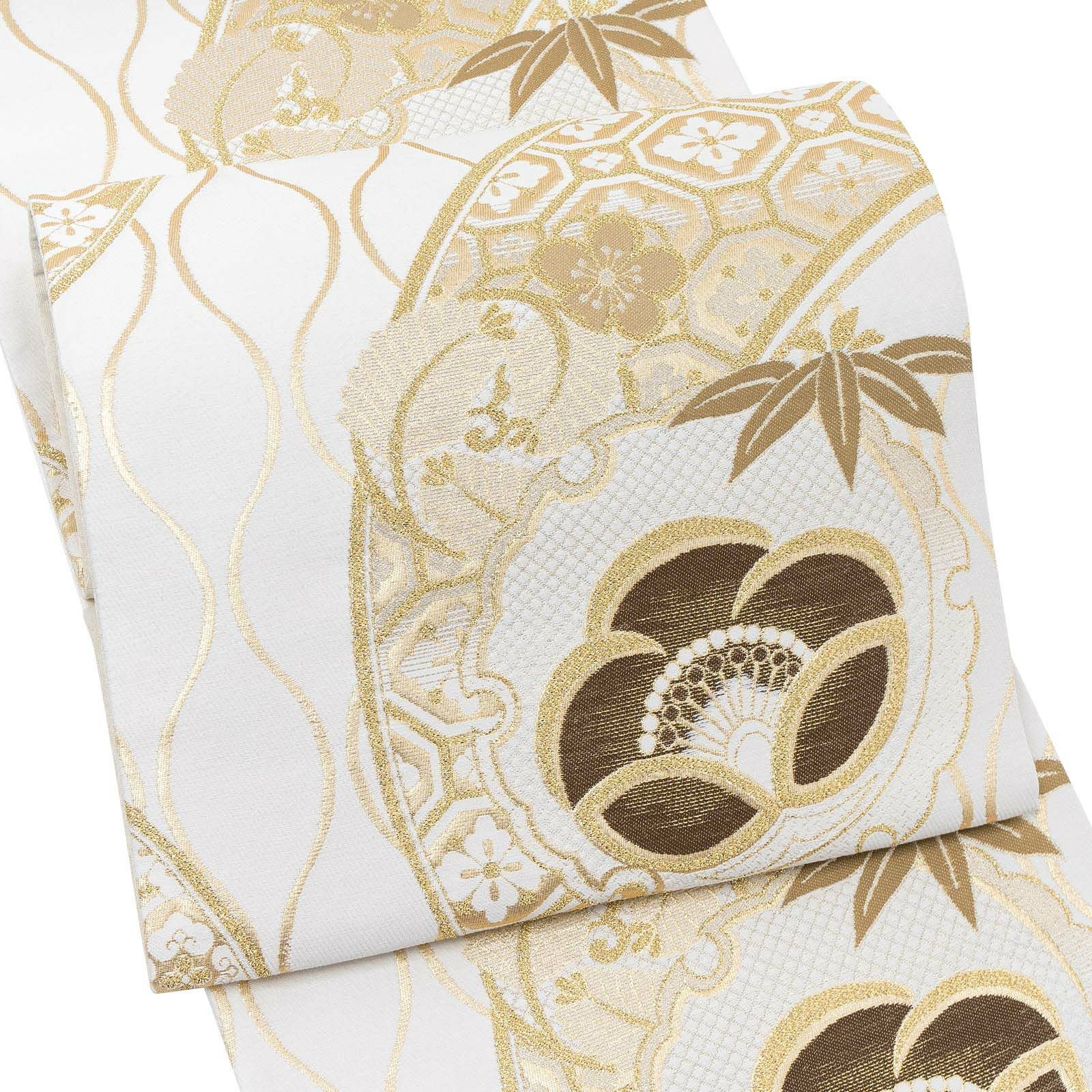 振袖 袋帯 単品「白地、金×茶 立涌と雪輪に松竹梅」日本製 お仕立て