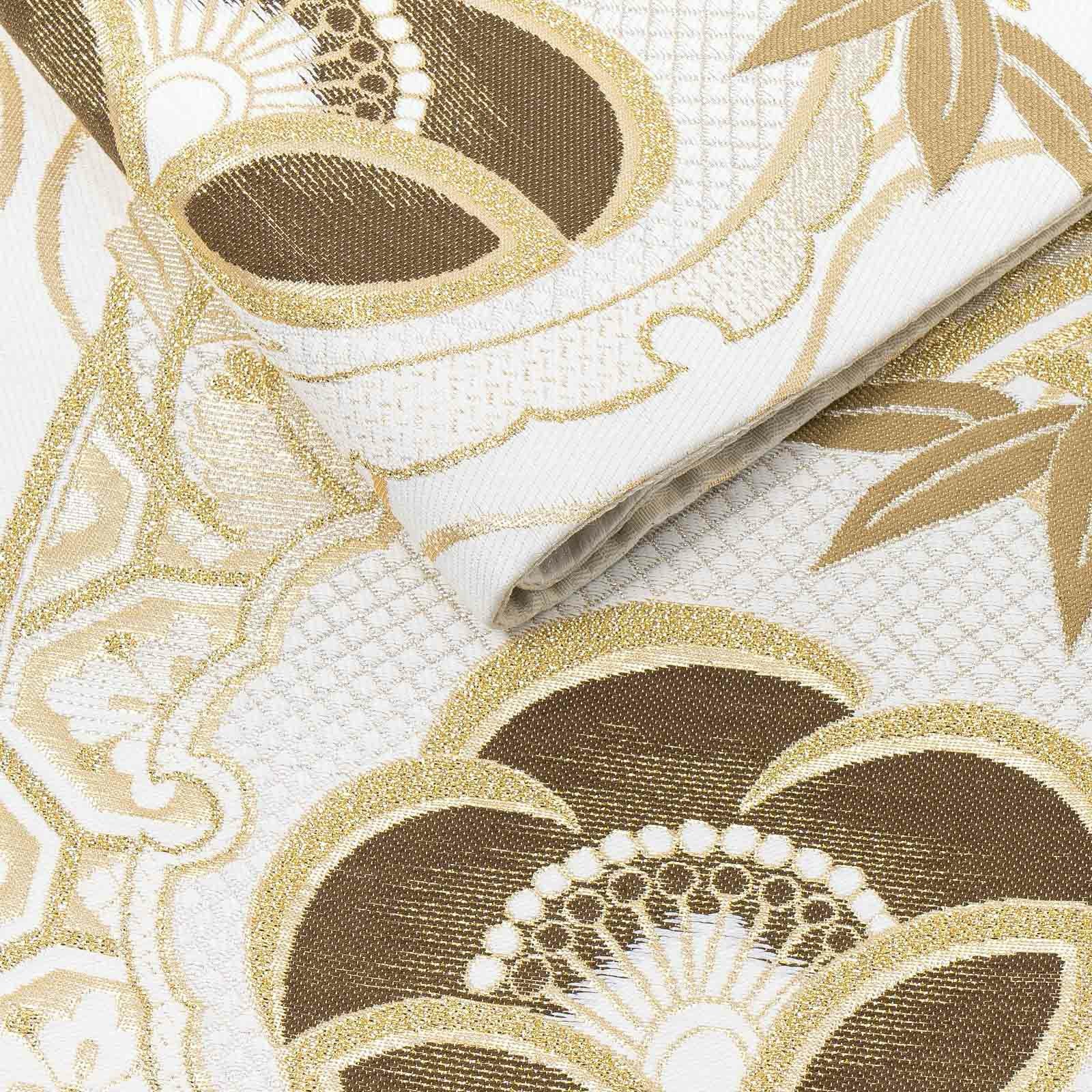 振袖 袋帯 単品「白地、金×茶 立涌と雪輪に松竹梅」日本製 お仕立て