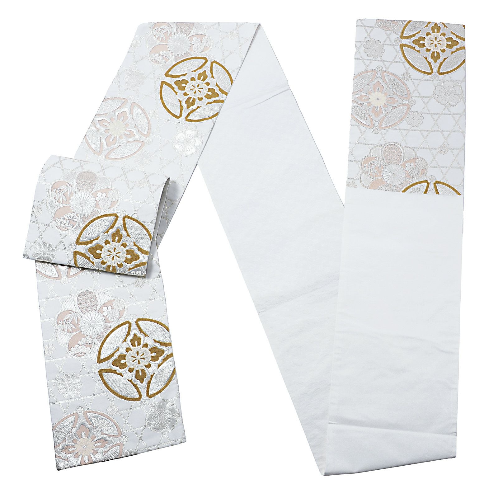 振袖 袋帯 単品「白地、銀×茶 籠目に七宝、花紋」日本製 お仕立て