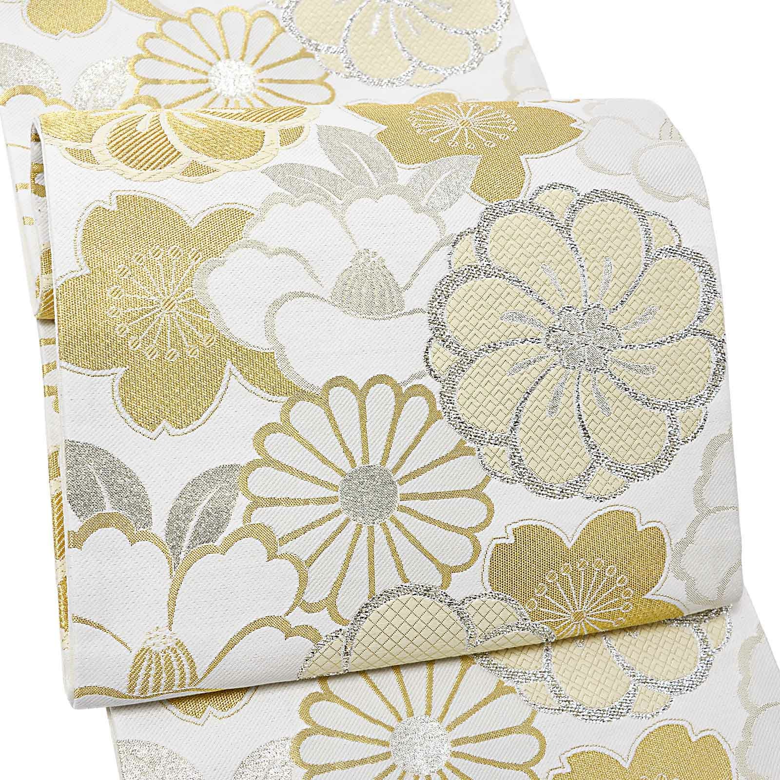 振袖 袋帯 単品「白地、金銀 四季花紋」日本製 お仕立て上がり 振袖用