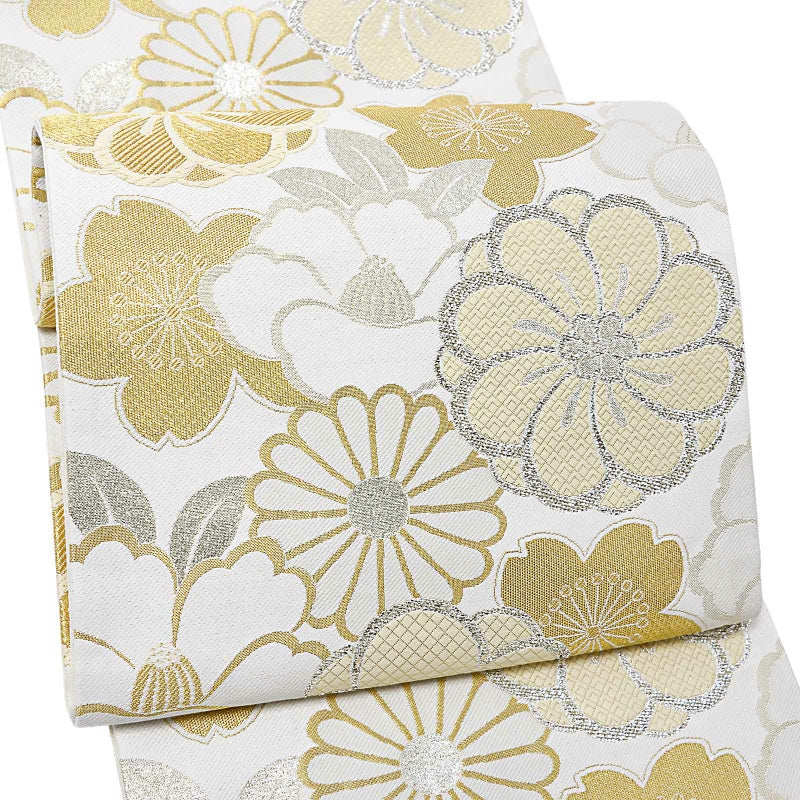 振袖 袋帯 単品「白地、金銀 四季花紋」日本製 お仕立て上がり 振袖用 袋帯 お仕立て済 振袖帯 結婚式 成人式 フォーマル【メール便不可】