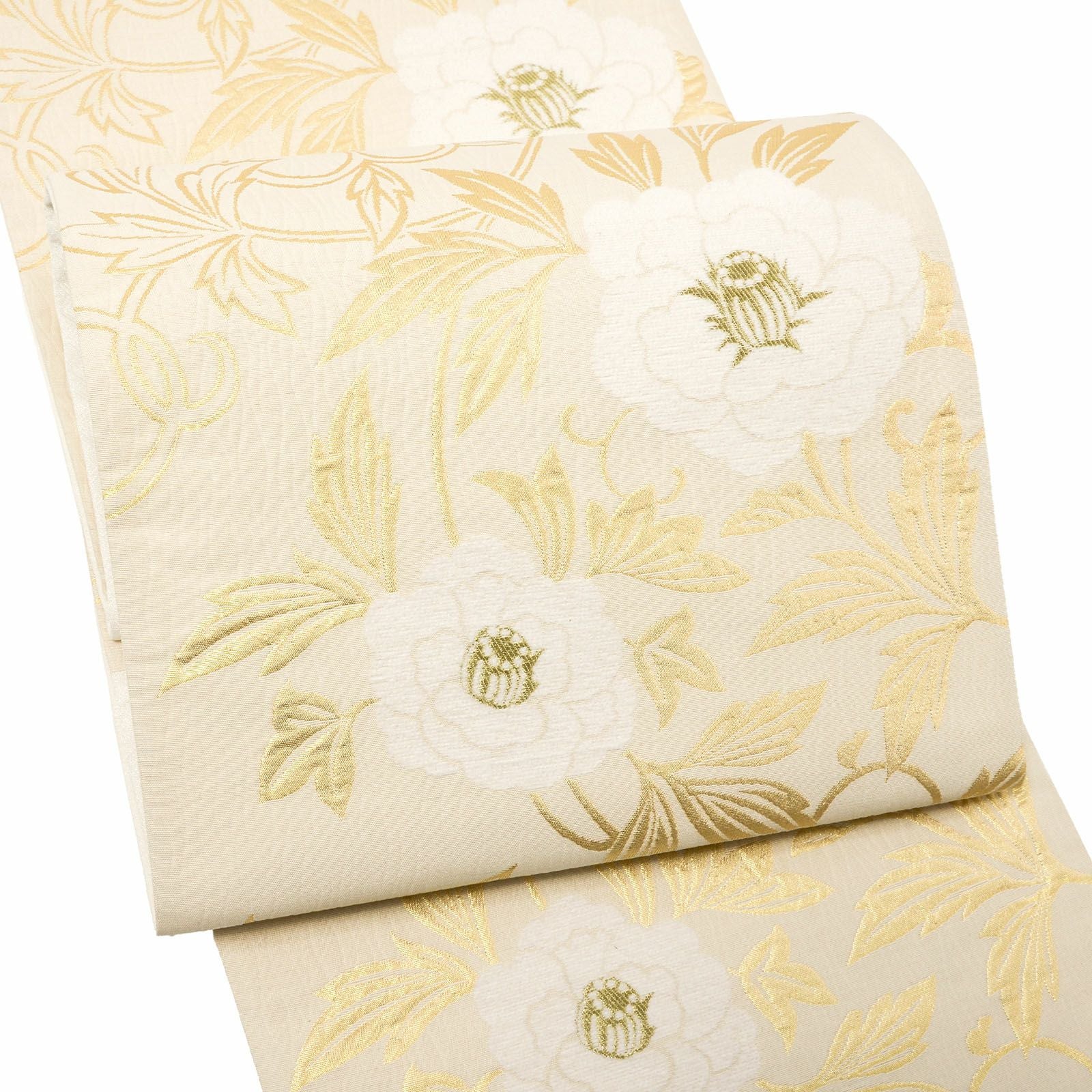 振袖 袋帯 単品「生成り色地、白×金 牡丹唐草」日本製 お仕立て上がり 振袖用 袋帯 お仕立て済 振袖帯 結婚式 成人式 フォーマル【メール便不可】