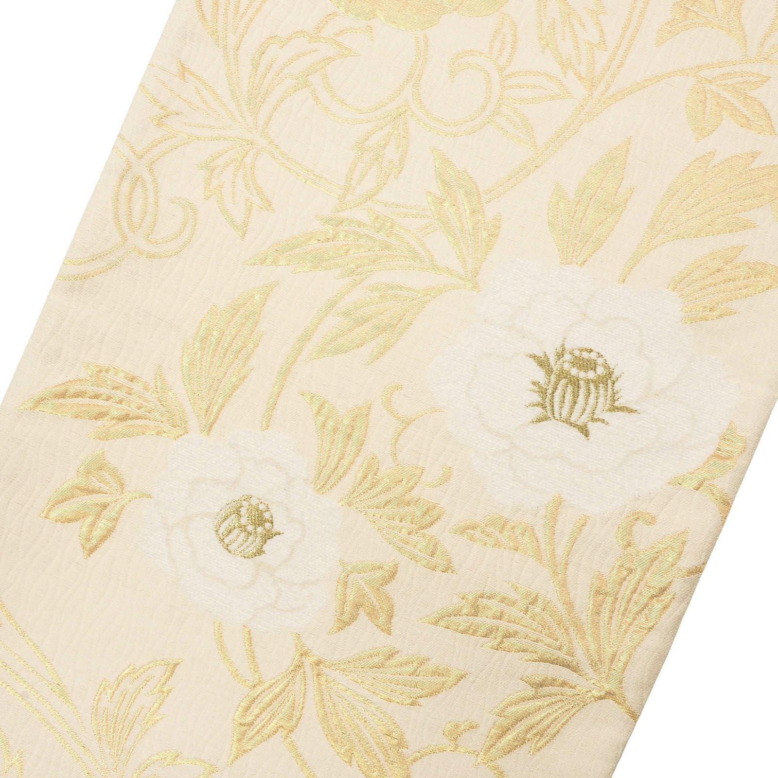 振袖 袋帯 単品「生成り色地、白×金 牡丹唐草」日本製 お仕立て上がり