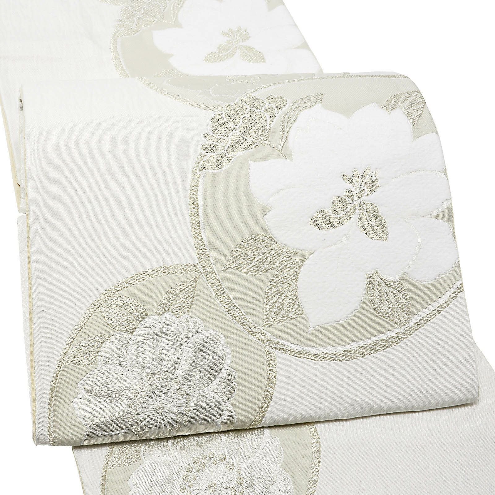 振袖 袋帯 単品「白地、銀×灰色 丸に花紋」日本製 お仕立て上がり 振袖用 袋帯 お仕立て済 振袖帯 結婚式 成人式 フォーマル【メール便不可】