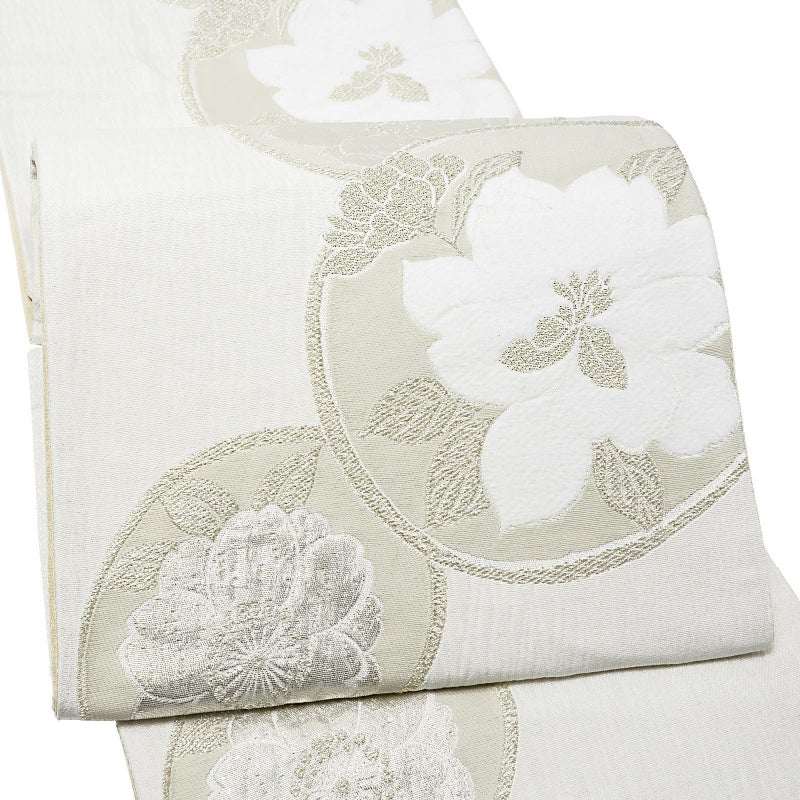 振袖 袋帯 単品「白地、銀×灰色 丸に花紋」日本製 お仕立て上がり 振袖用 袋帯 お仕立て済 振袖帯 結婚式 成人式 フォーマル【メール便不可】