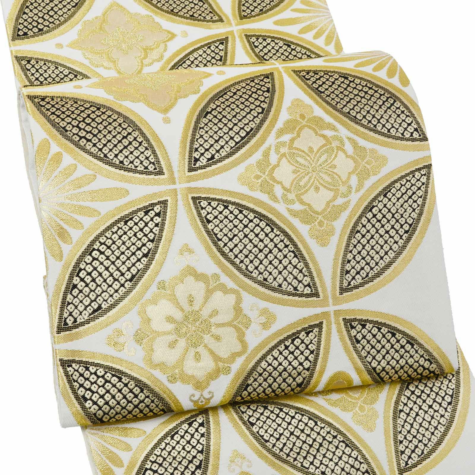 振袖 袋帯 単品「白地、金×黒 花七宝」日本製 お仕立て上がり 振袖用