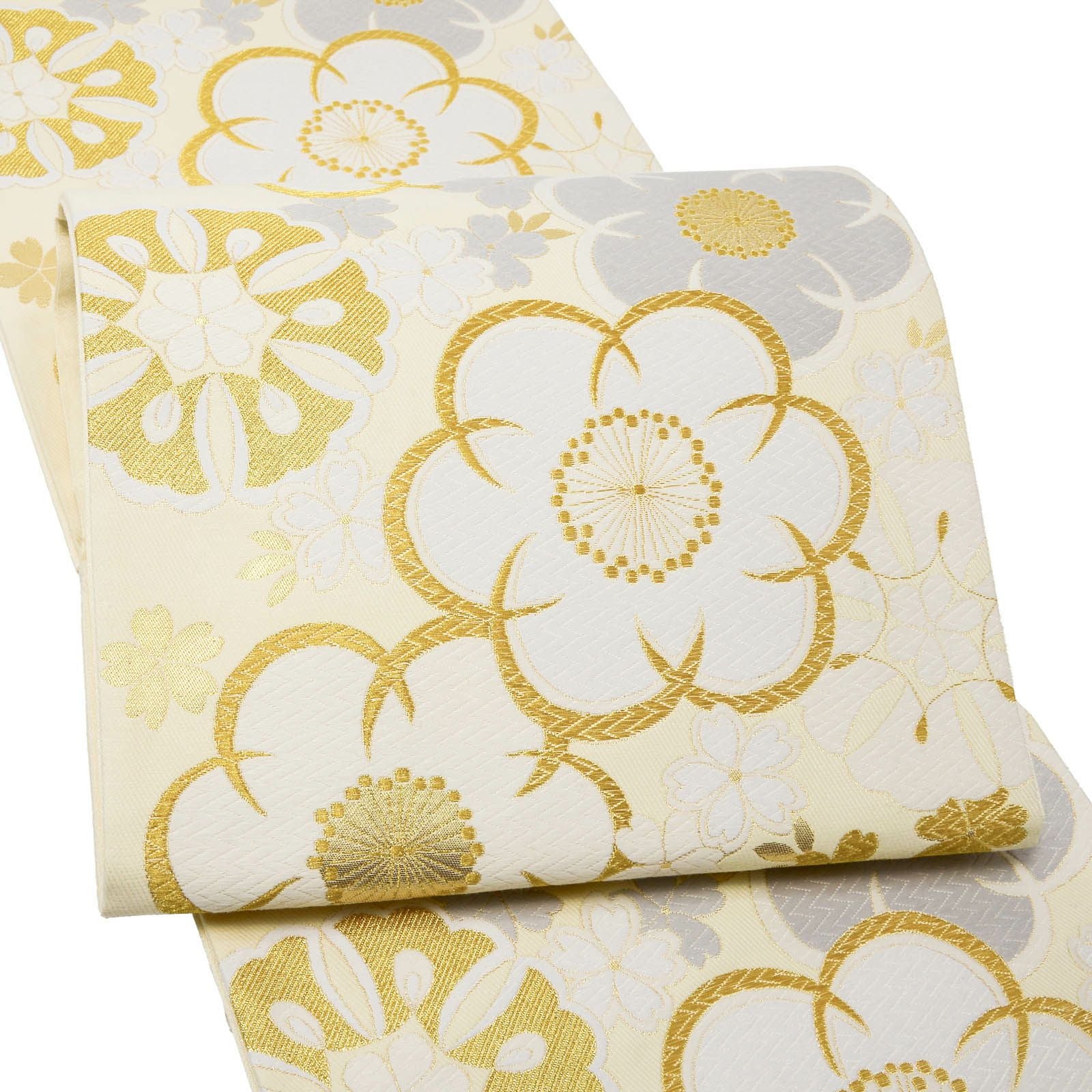 振袖 袋帯 単品「鳥の子色地 白×金 梅」日本製 お仕立て上がり 振袖用