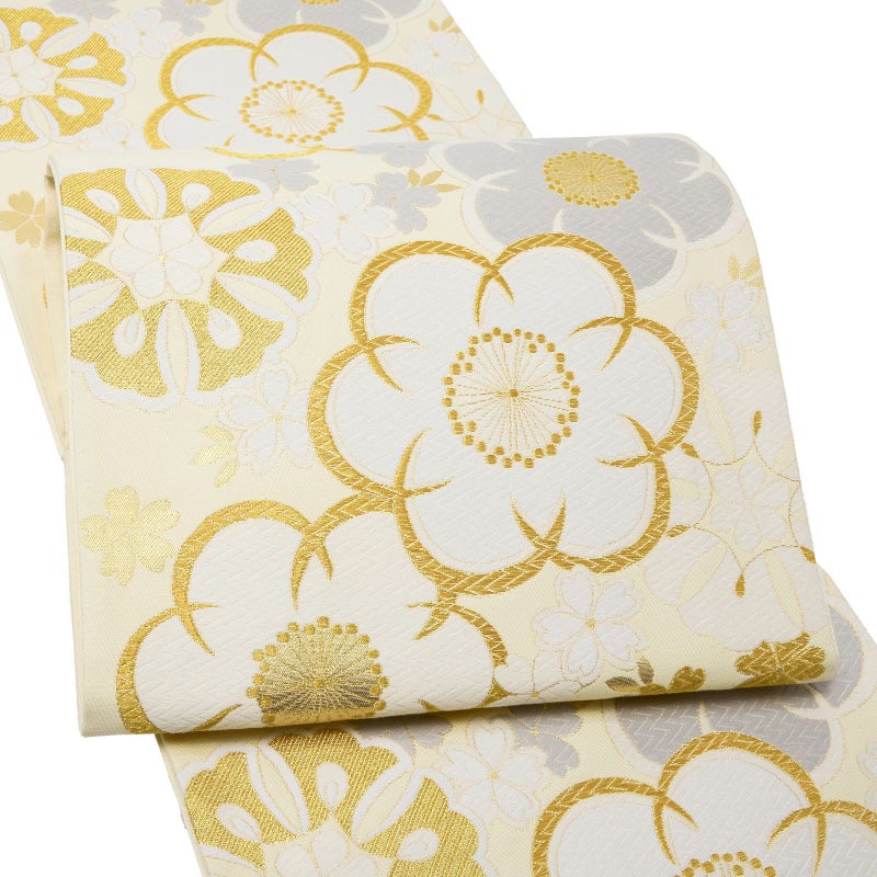 振袖 袋帯 単品「鳥の子色地 白×金 梅」日本製 お仕立て上がり 振袖用 袋帯 お仕立て済 振袖帯 結婚式 成人式 フォーマル【メール便不可】