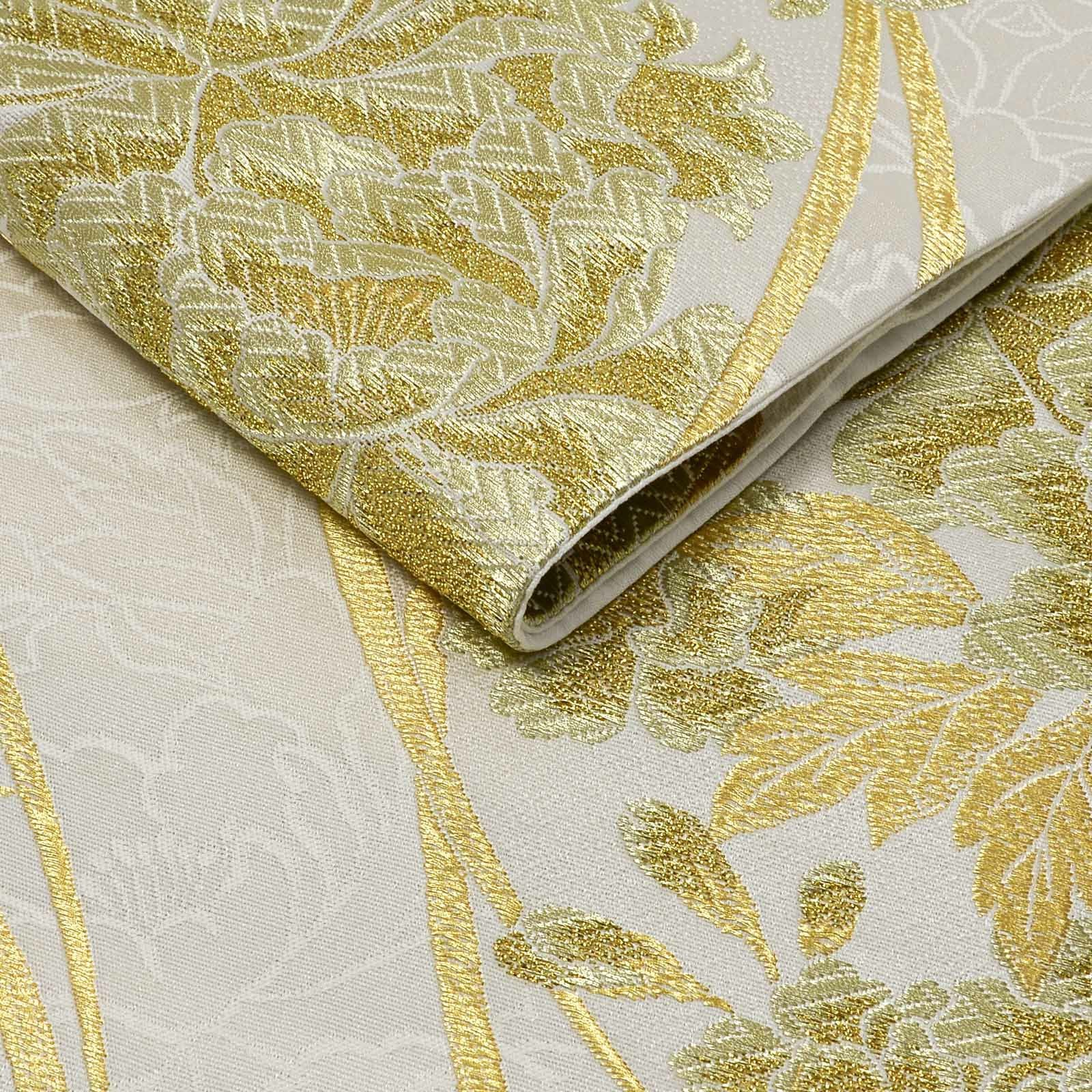 振袖 袋帯 単品「白地、黄金 牡丹」日本製 お仕立て上がり 振袖用 袋帯