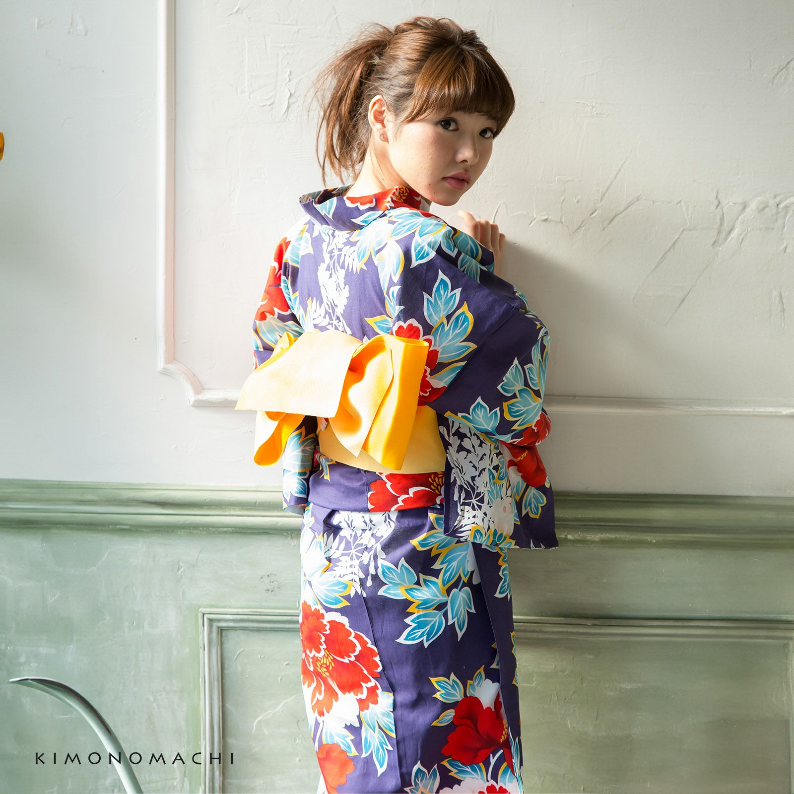 京都きもの町オリジナル浴衣単品「紺色牡丹」フリーサイズ 綿浴衣 お