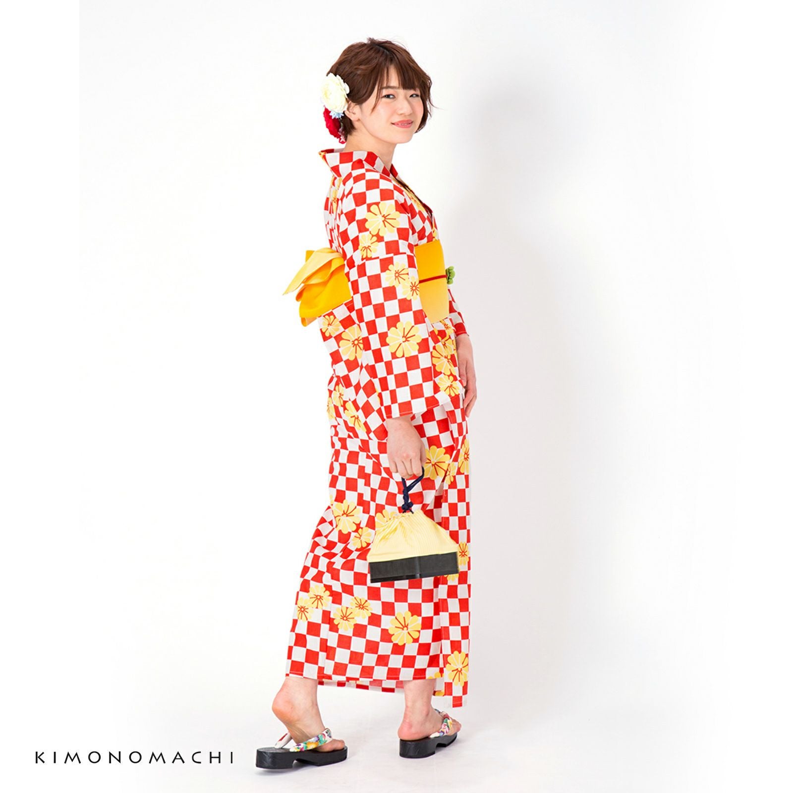 京都きもの町オリジナル浴衣単品「赤市松」フリーサイズ 綿浴衣 お