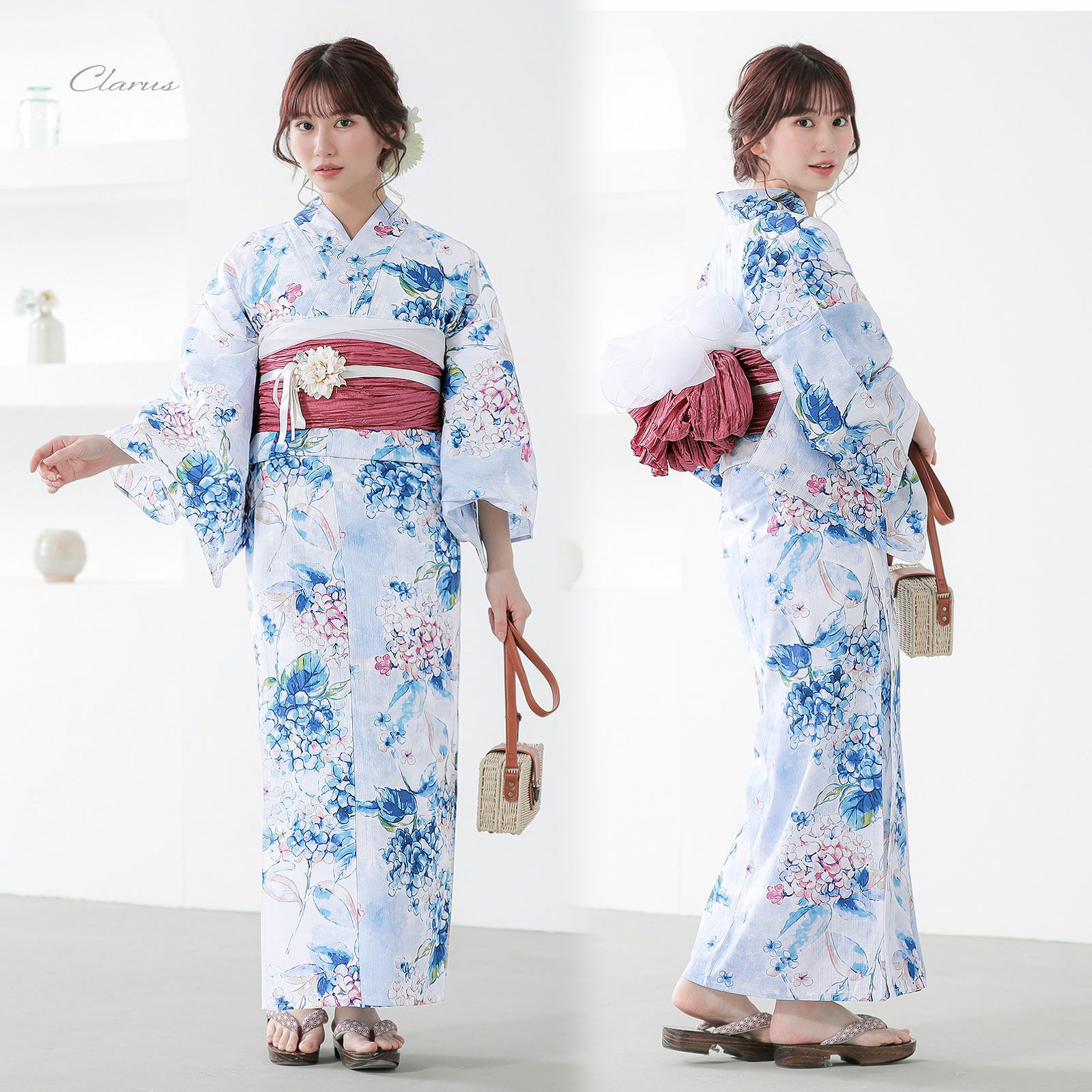 Clarus レディース 女性浴衣 単品「夏の思い出 あじさい 空色