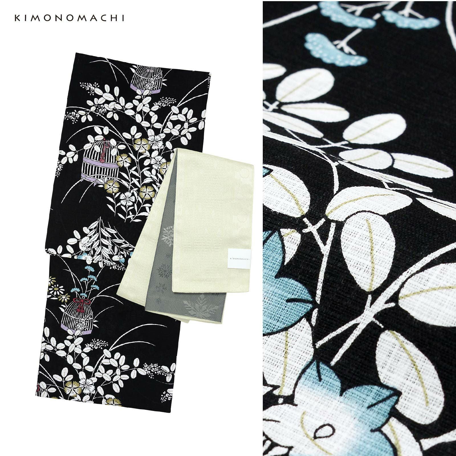 新品　浴衣　半幅帯　粋な夏着物　菊黒　紗帯アイボリー　半幅帯　2点　浴衣セット 最大5,000円OFFクーポン7/2迄)浴衣セット レディース 大人可愛い 浴衣2