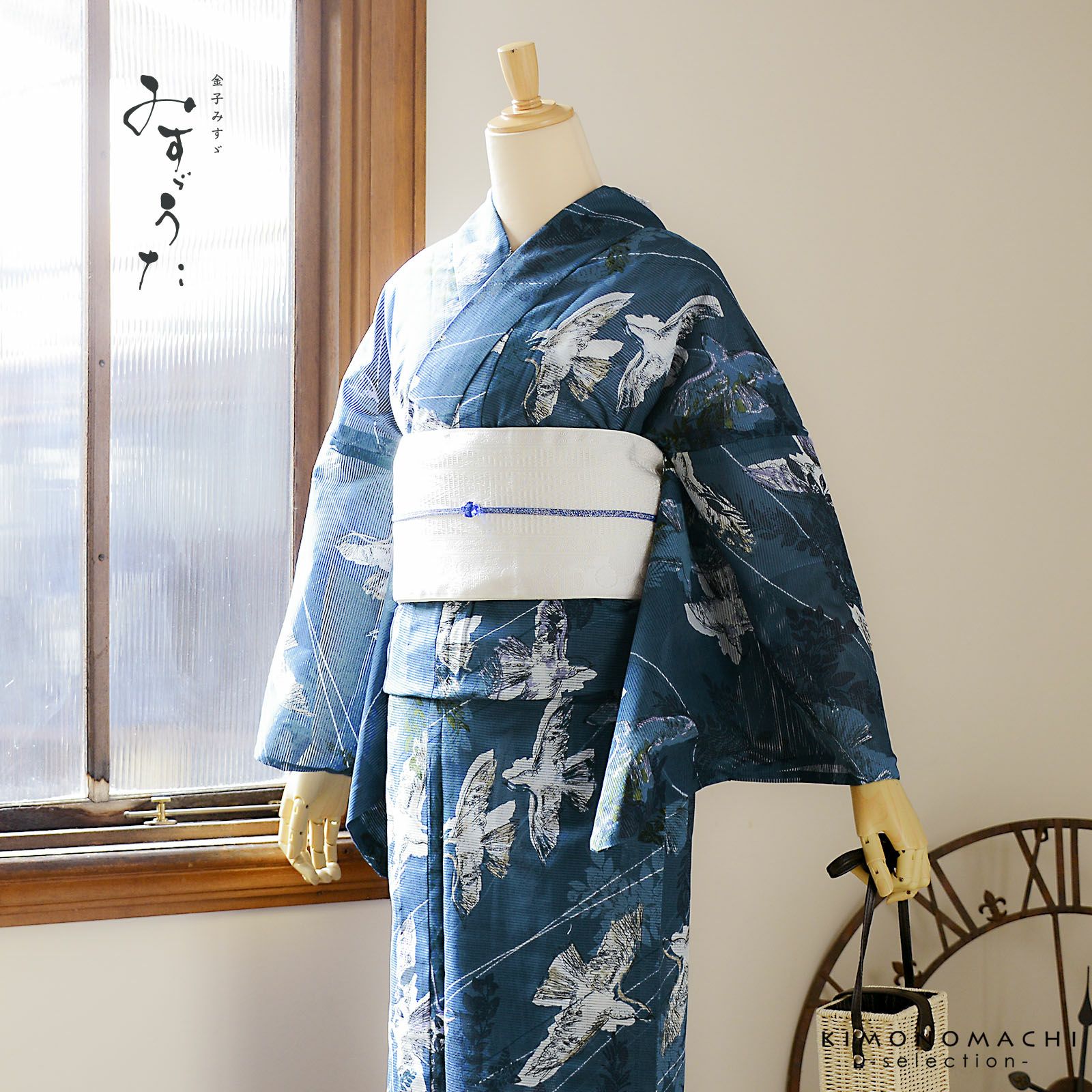 浴衣 レディース ブランド浴衣 単品「みすゞうた 花と鳥 紺鼠色 M 2506
