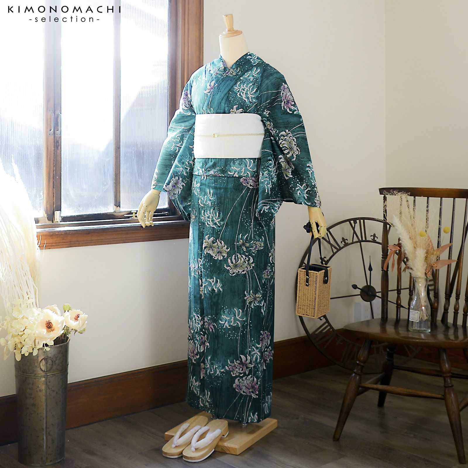 8 今期新作金子みすゞ　浴衣　ゆかた　“曼珠沙華”　未使用新品 浴衣 レディース ブランド浴衣 単品「みすゞうた 曼珠沙華 緑青色 M