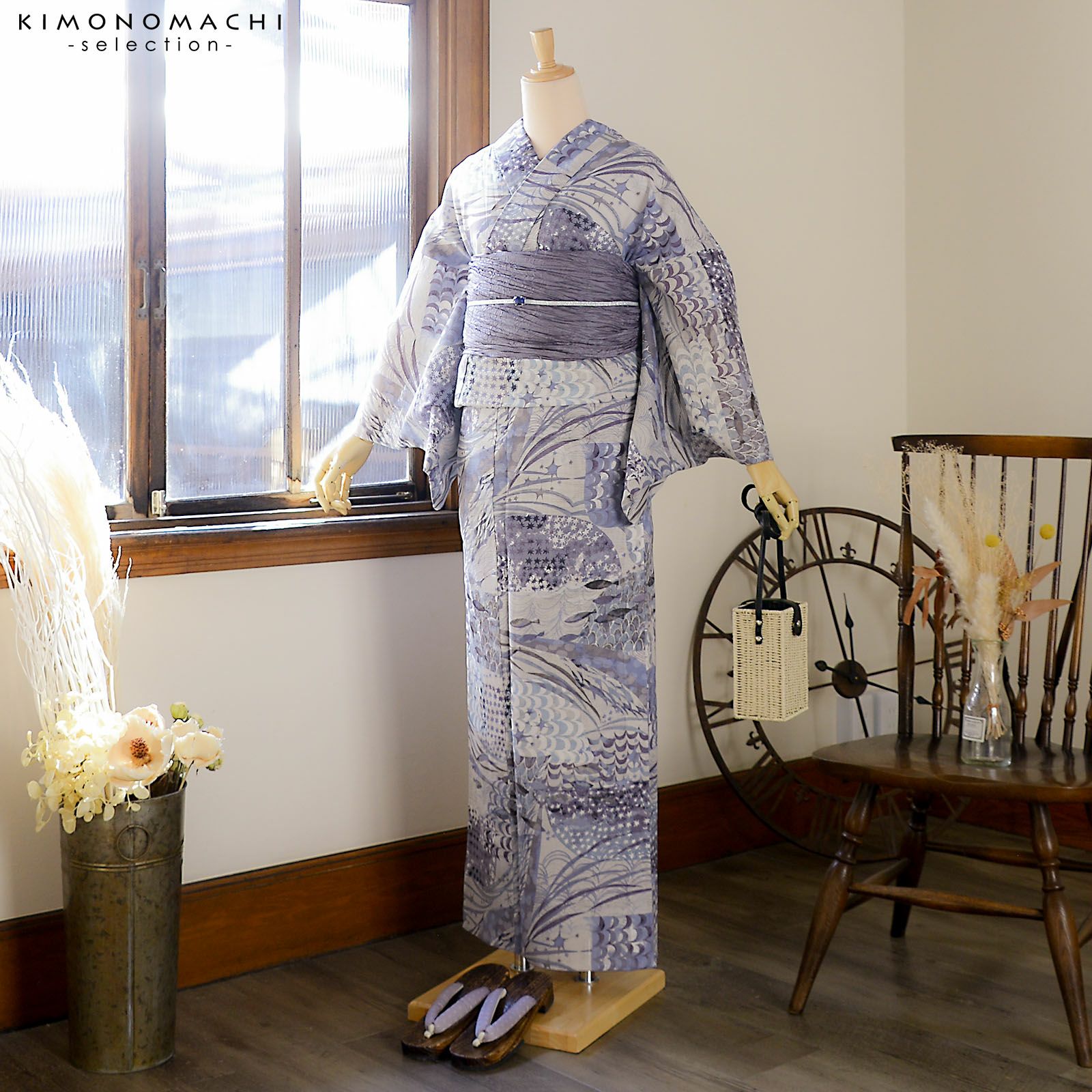 浴衣 レディース ブランド浴衣 単品「みすゞうた 波の子守唄 紫鼠色 M