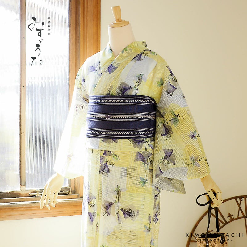 浴衣 レディース ブランド浴衣 単品「みすゞうた つつじ 黄色×青紫 M 2520」Fサイズ 大人 綿絽浴衣 女性浴衣単品 レディース浴衣単品 個性的 花火大会 夏祭り 女性浴衣 女性ゆかた 夏着物＜H＞【メール便不可】
