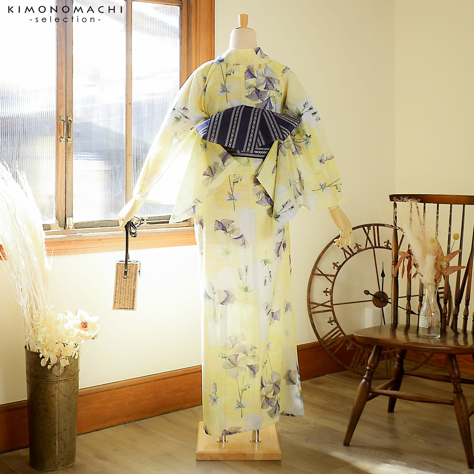 浴衣 レディース ブランド浴衣 単品「みすゞうた つつじ 黄色×青紫 M