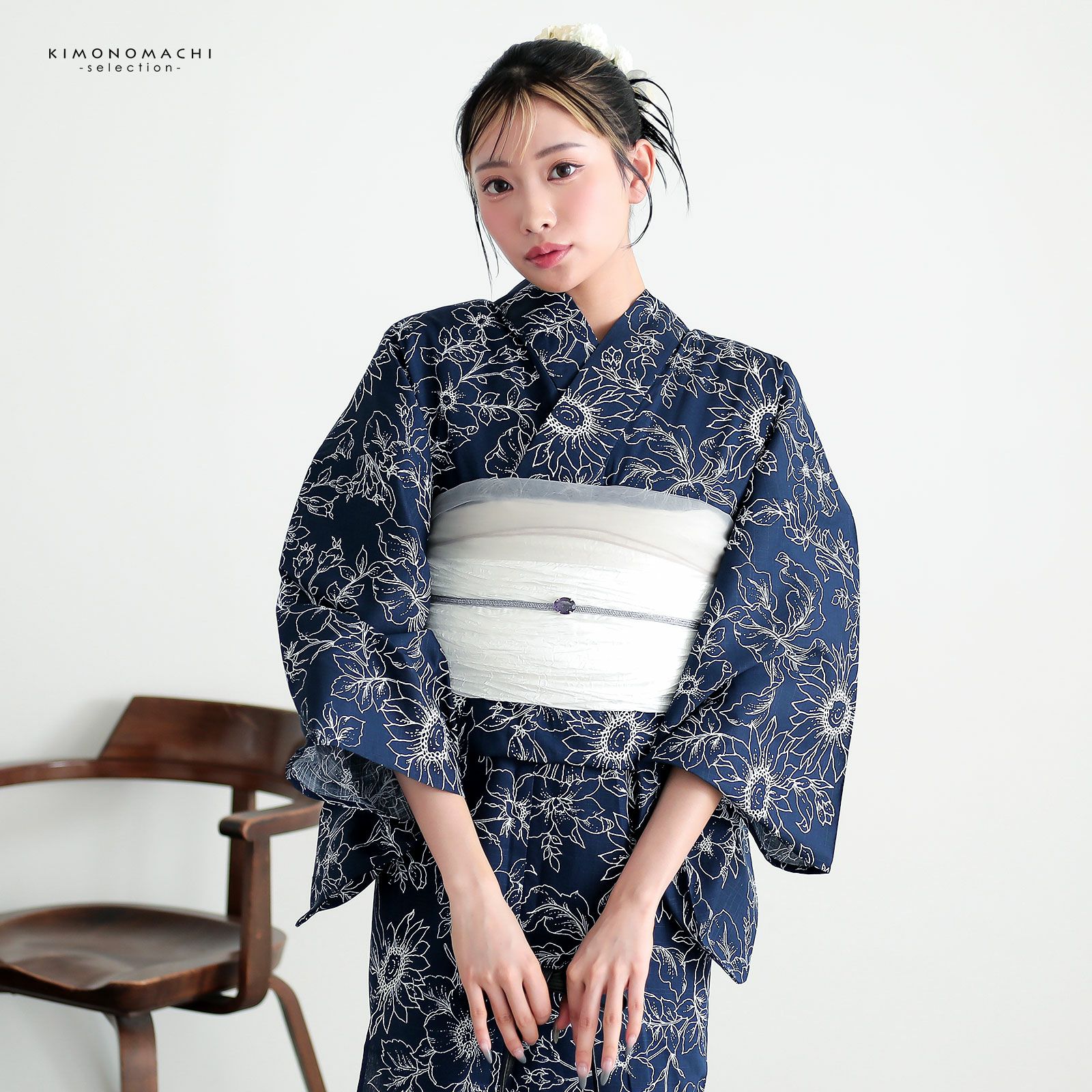 ラスト1点！新品・未使用！　綿麻生地　大人柄浴衣 　濃紺系　 単品　Ｆサイズ 浴衣 レディース 女性浴衣 単品「シンプルライフ：青藍 向日葵」F