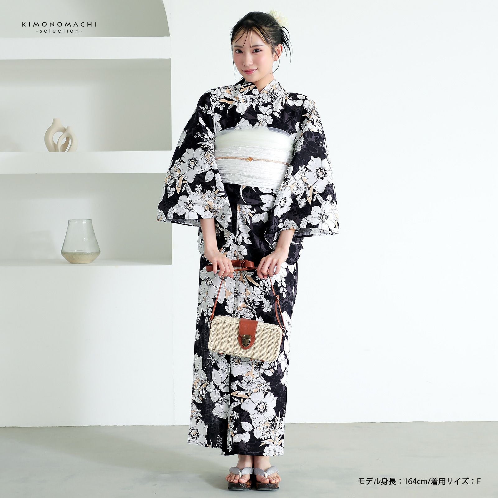 浴衣 レディース 女性浴衣 単品「シンプルライフ：ブラック×サーモン